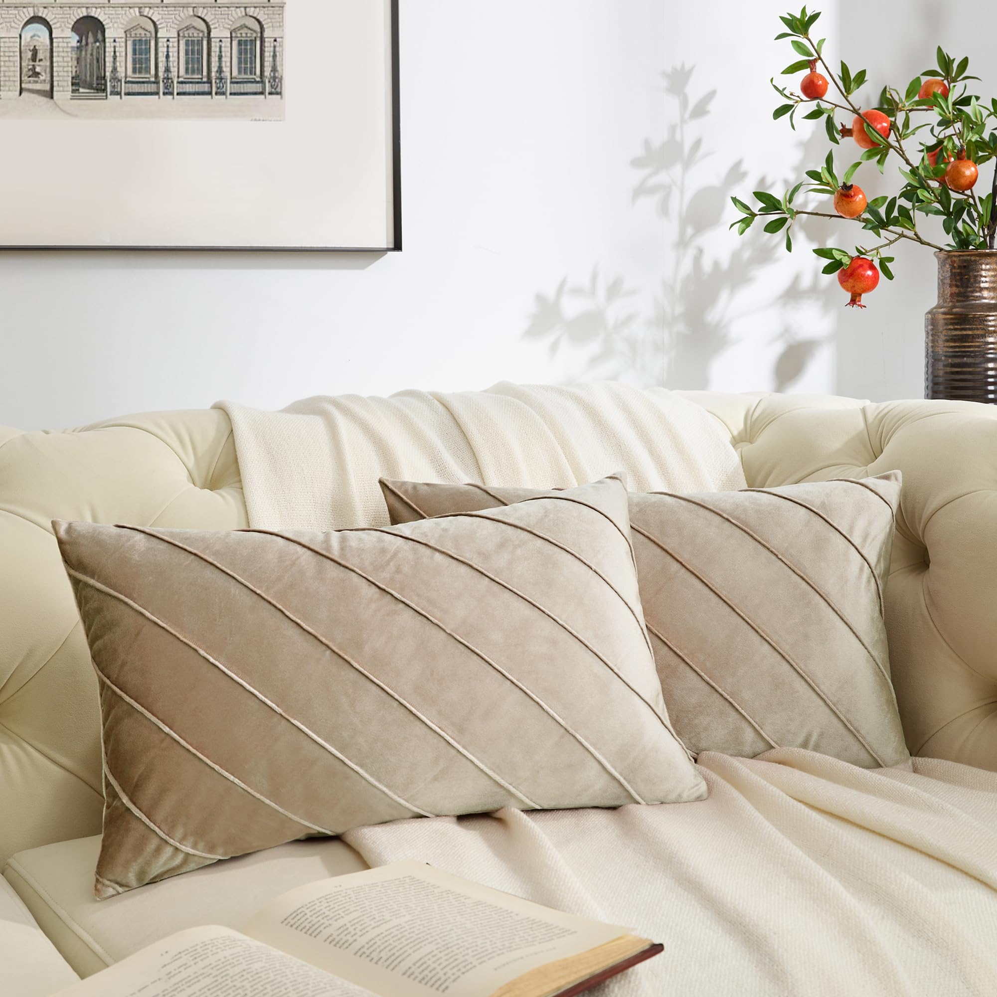 GIGIZAZA Decorative Velvet Pillow Covers 18x18, Set of 2 Gold Sofa Couch Throw Pillows Covers Cases, Living Room Square Cushion Accent Stripe Covers