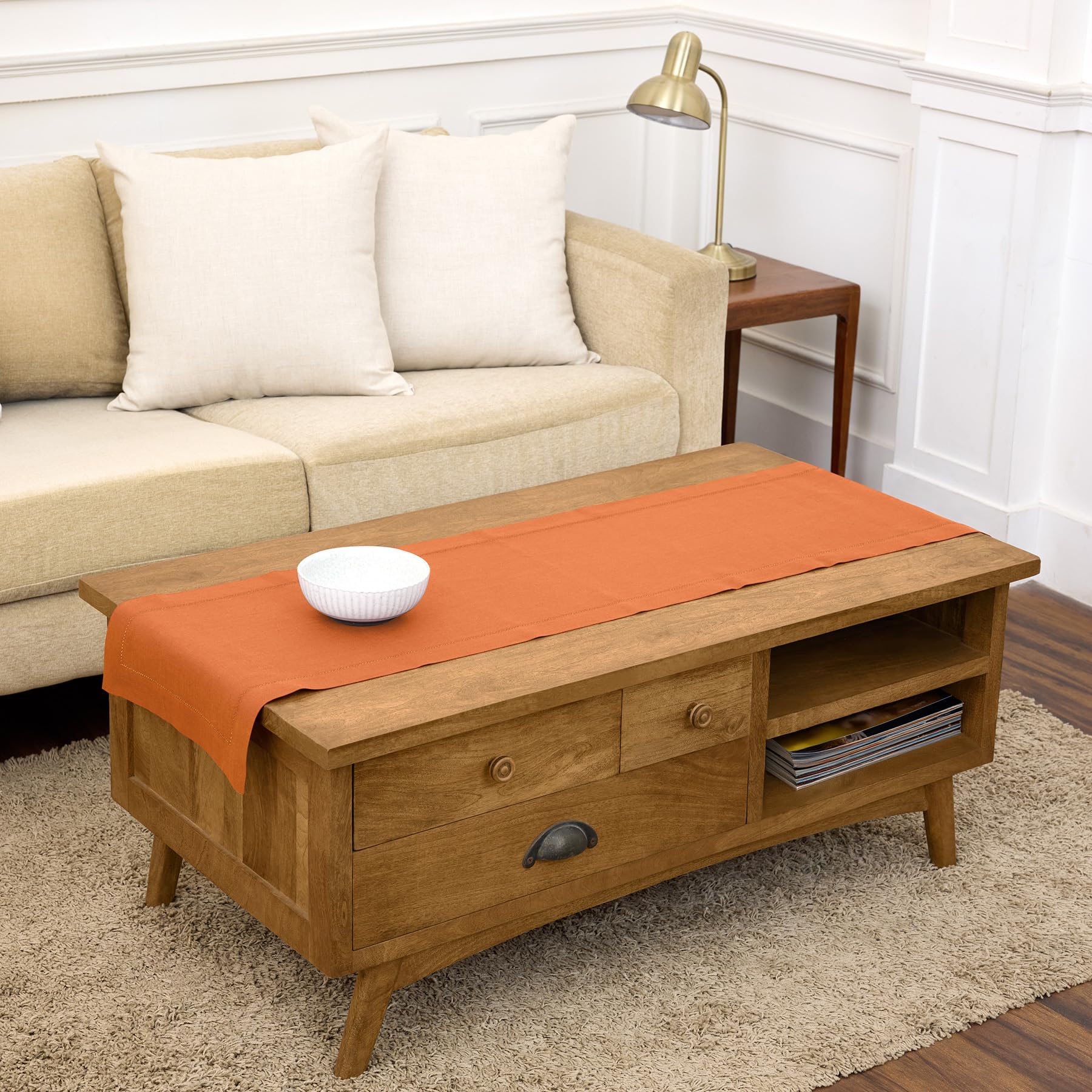 Solino Home Linen Light Natural Table Runner 72 Inches Long - 100% Pure Linen Hemstitch Table Runner 14 x 72 Inch for Dresser, Dining, Spring, Summer - Classic Hemstitch
