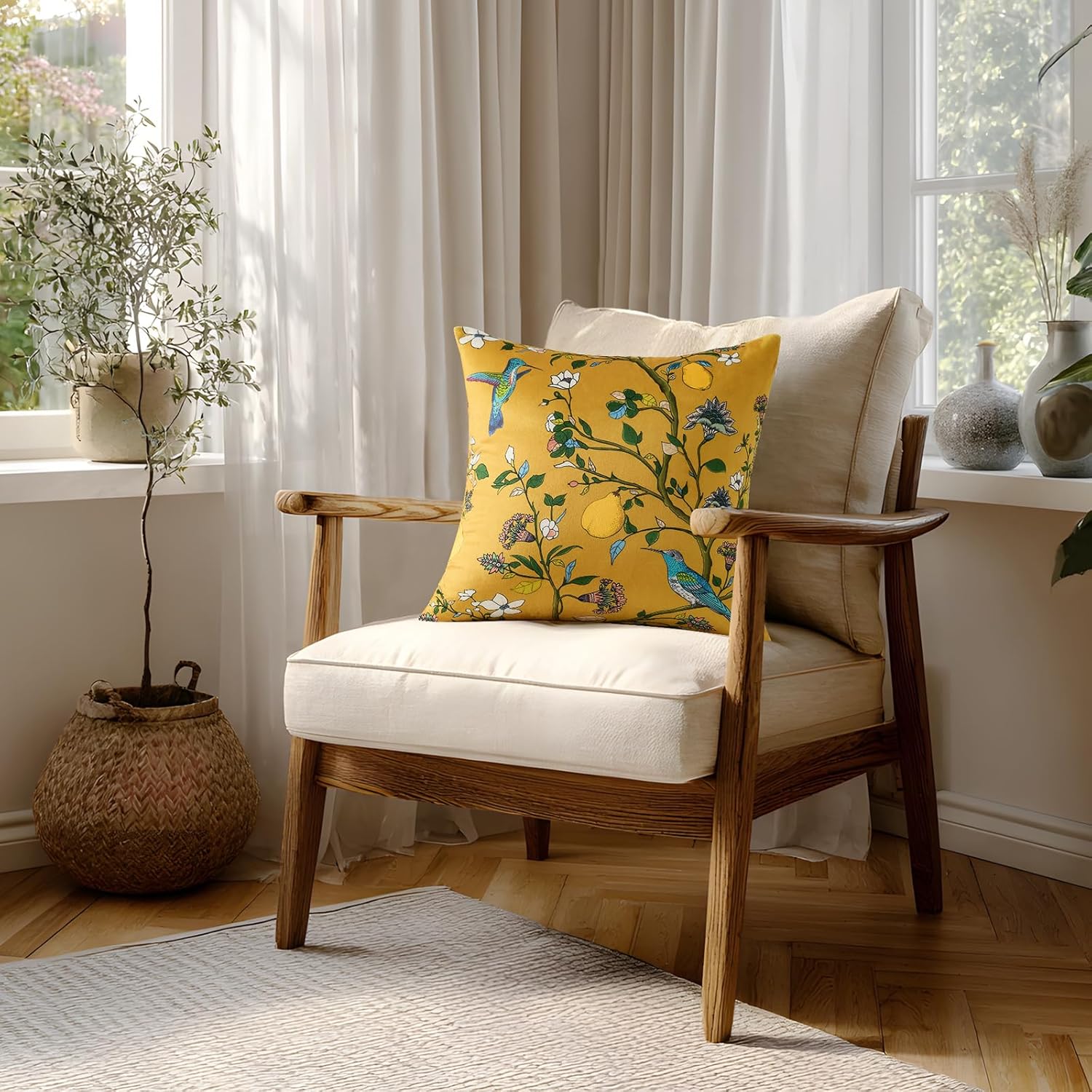 Mustard Yellow Velvet Throw Pillow Covers 20x20 Pack of 2, Vintage Floral Pillow Covers, Mid Century Flower Plant Cushion Covers for Sofa Living Room Home Decor