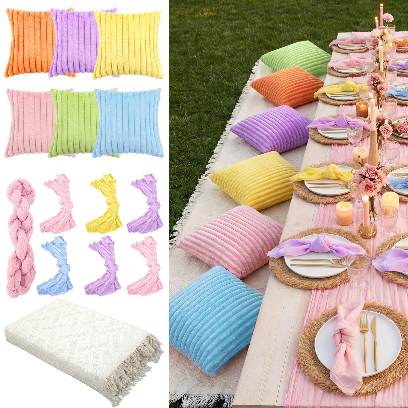 Beeveer 91 x 71 Extra Large Outdoor Boho Picnic Blanket with Pink Table Runner, 12 Throw Pillow Covers 12 Napkins Woven Cotton Yarn Oversize Beach Blanket Washable Picnic Camp Wedding