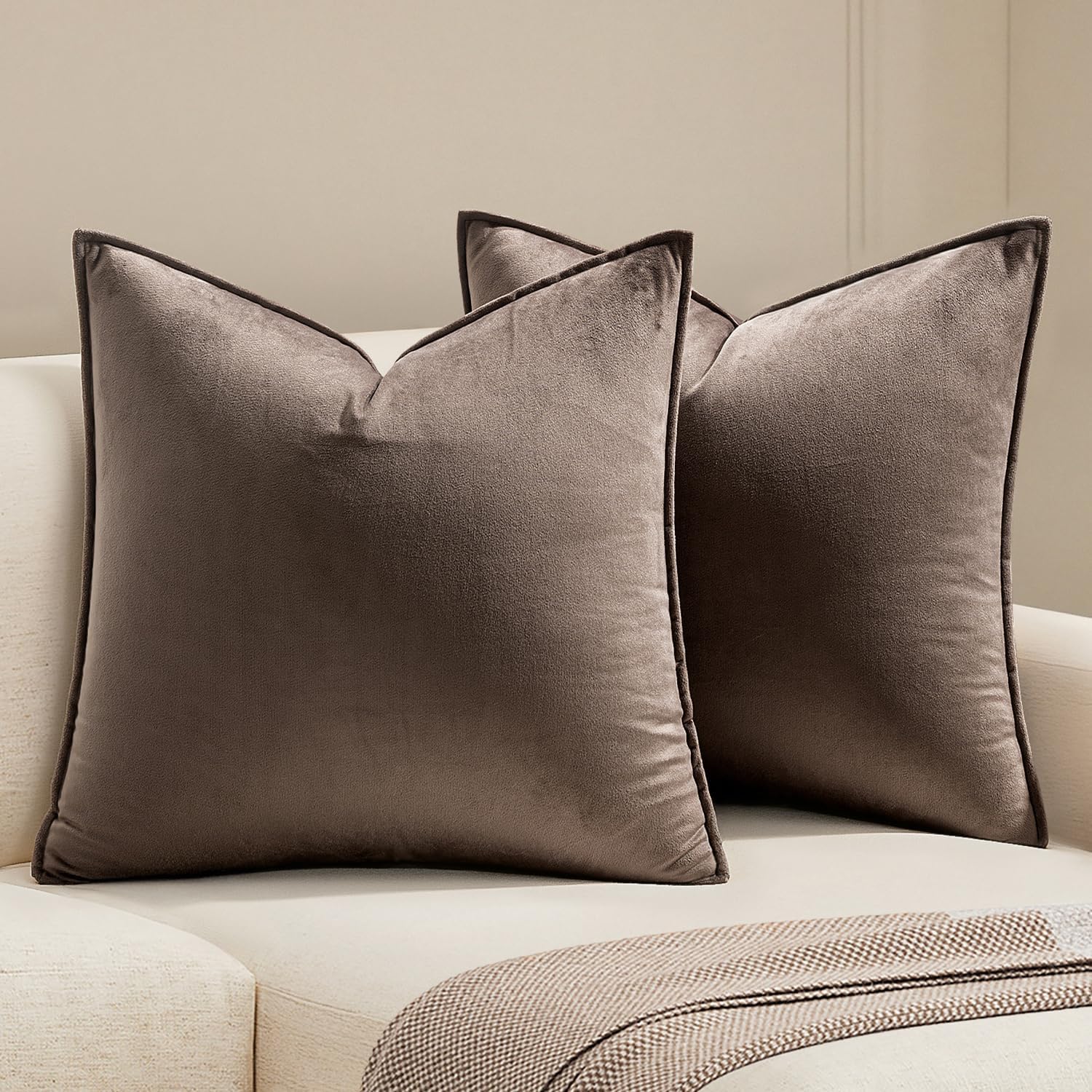 MIULEE Dark Coffee Velvet Throw Pillow Covers 24x24 Taupe Neutral Soft Decorative Solid Square Euro Sham Cushion Cases Pack of 2 Modern Luxury Home Decor for Couch, Sofa, Bedroom
