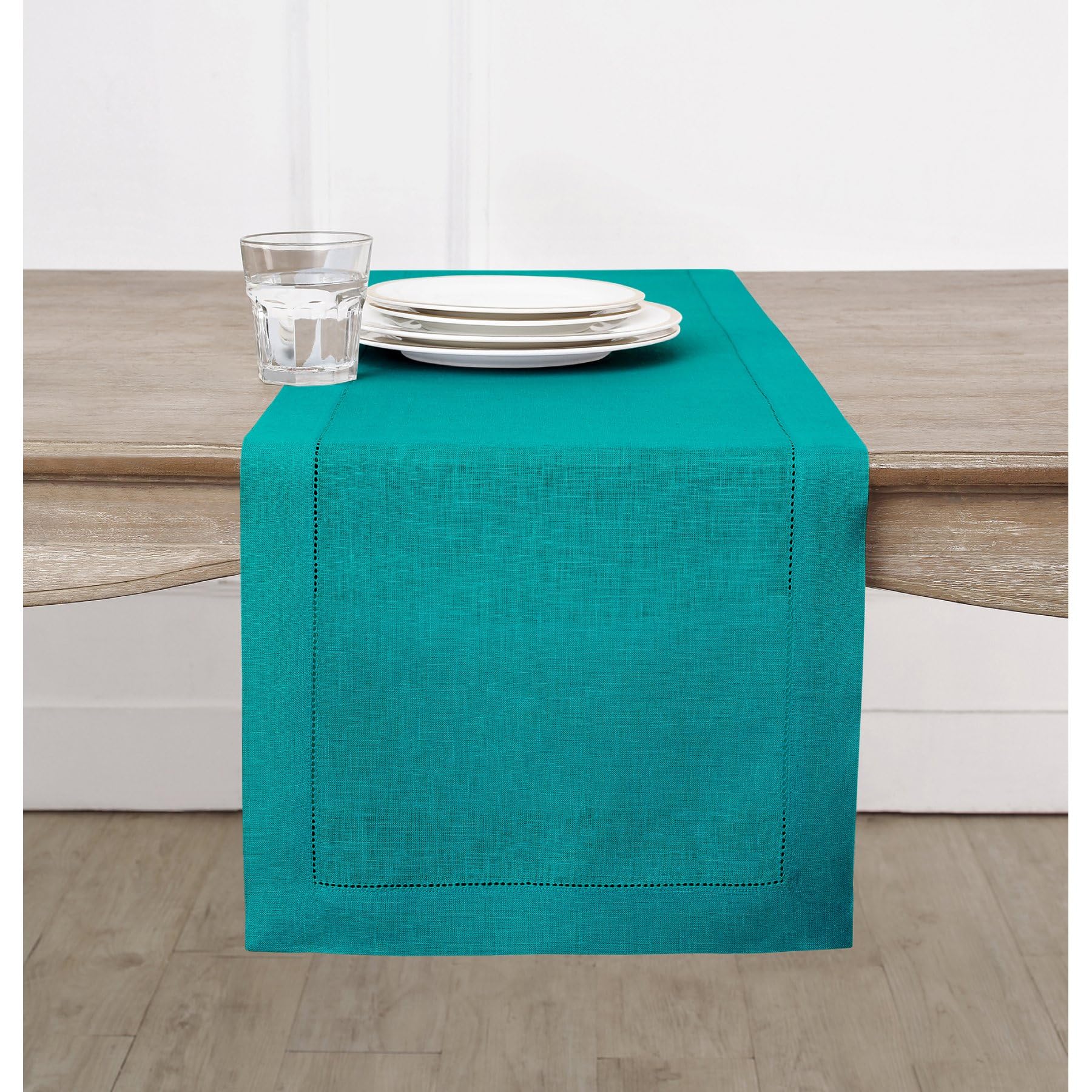 Solino Home Linen Light Natural Table Runner 72 Inches Long - 100% Pure Linen Hemstitch Table Runner 14 x 72 Inch for Dresser, Dining, Spring, Summer - Classic Hemstitch