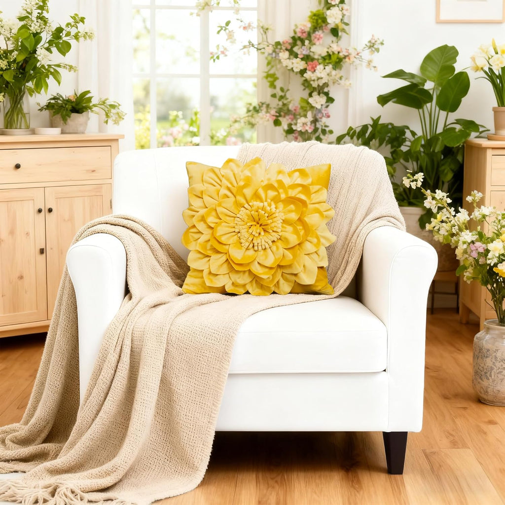 OiseauVoler Decorative 3D Flower Throw Pillow Covers Soft Velvet Handmade Pillowcases Cushion Covers for Couch Bed Living Room Home Decor 18x18 Inch Yellow