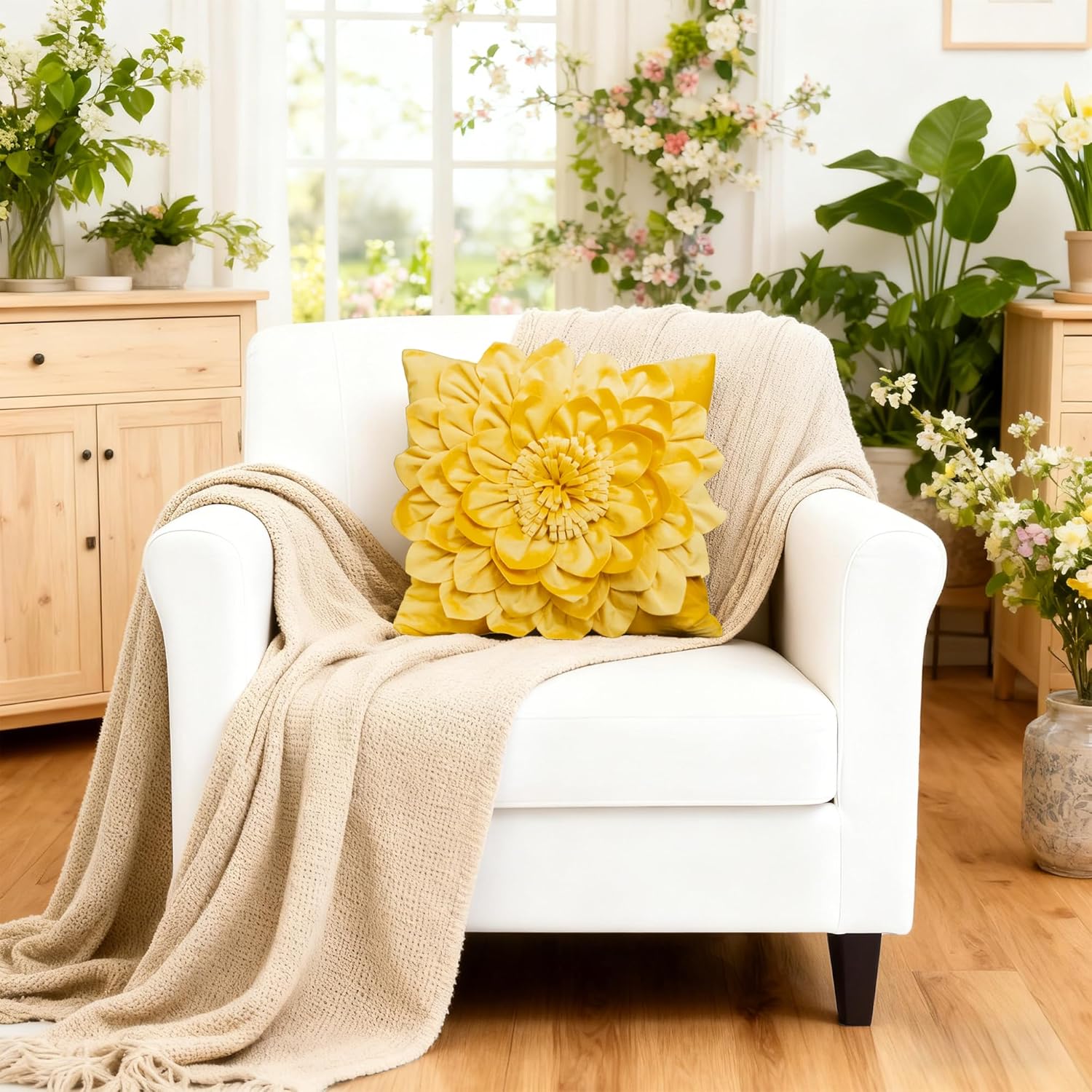 OiseauVoler Decorative 3D Flower Throw Pillow Covers Soft Velvet Handmade Pillowcases Cushion Covers for Couch Bed Living Room Home Decor 18x18 Inch Yellow