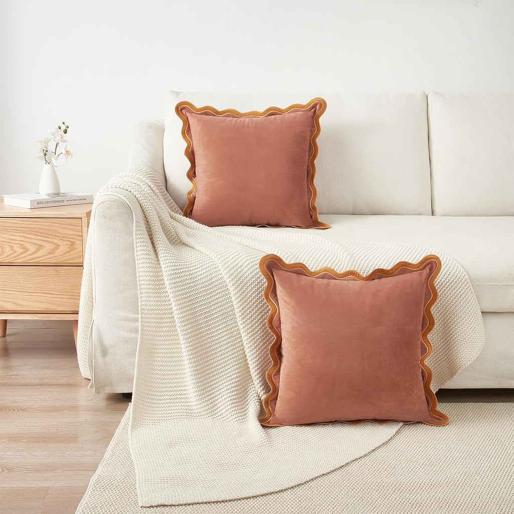 MONDAY MOOSE Decorative Throw Pillow Covers Cushion Cases, Set of 2 Soft Velvet Scalloped Wavy Edge Designs, Mix and Match for Home Decor, Pillow Inserts Not Included (20x20 inch, Pink/Honey)