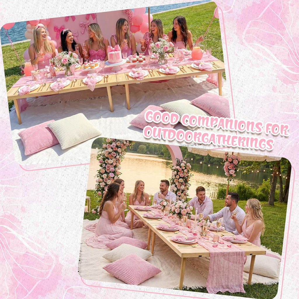 Beeveer 91 x 71 Extra Large Outdoor Boho Picnic Blanket with Pink Table Runner, 12 Throw Pillow Covers 12 Napkins Woven Cotton Yarn Oversize Beach Blanket Washable Picnic Camp Wedding