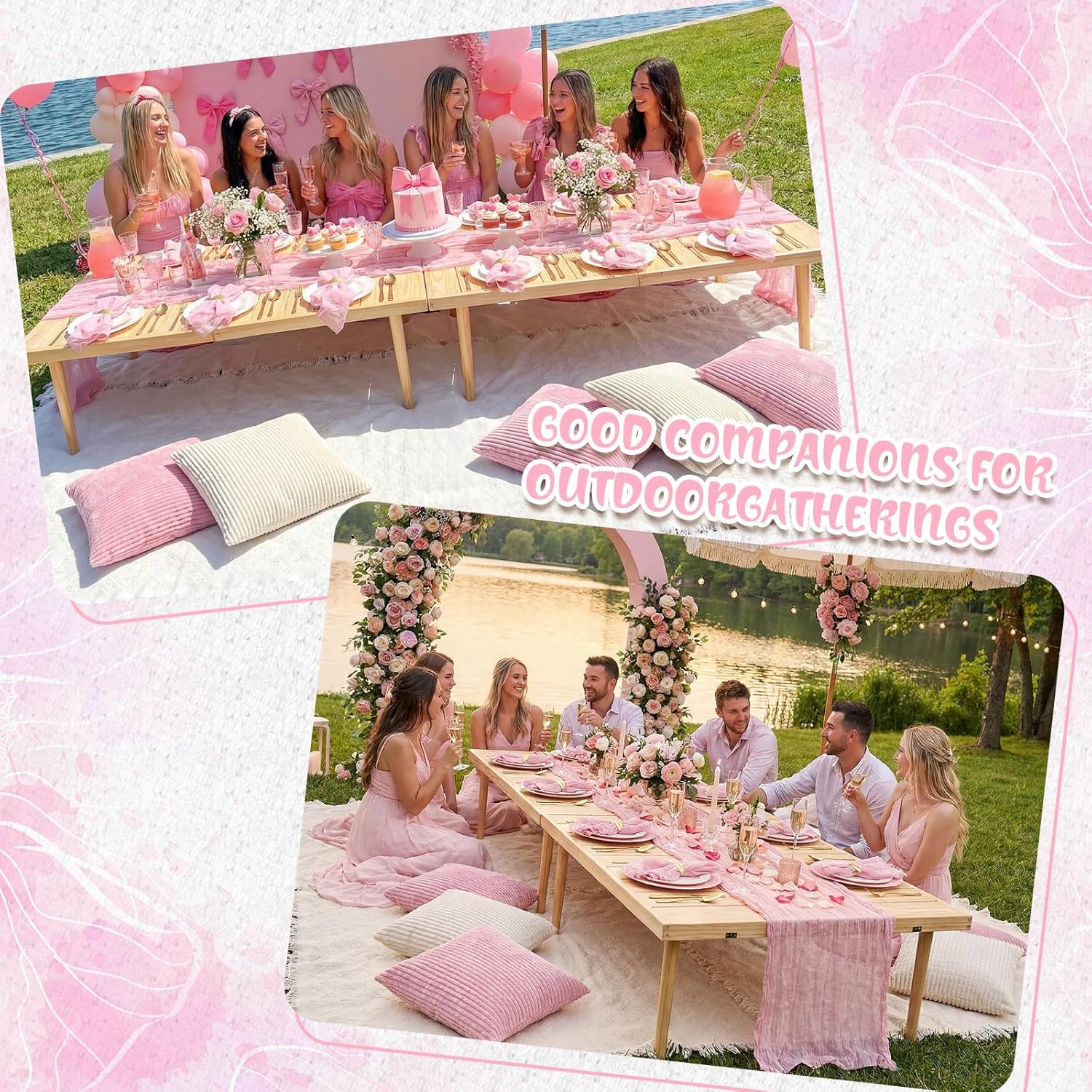 Beeveer 91 x 71 Extra Large Outdoor Boho Picnic Blanket with Pink Table Runner, 12 Throw Pillow Covers 12 Napkins Woven Cotton Yarn Oversize Beach Blanket Washable Picnic Camp Wedding