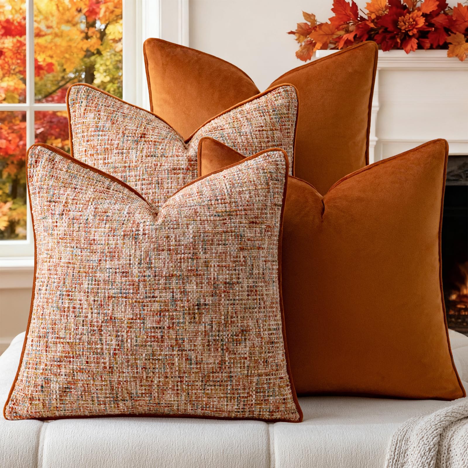 a moment Khaki 4 Pack Throw Pillow Covers - Chenille & Velvet Set with Piping, Farmhouse Textured Design Cushion Cases for Couch Sofa Bed (20x20 Inch, No Insert)