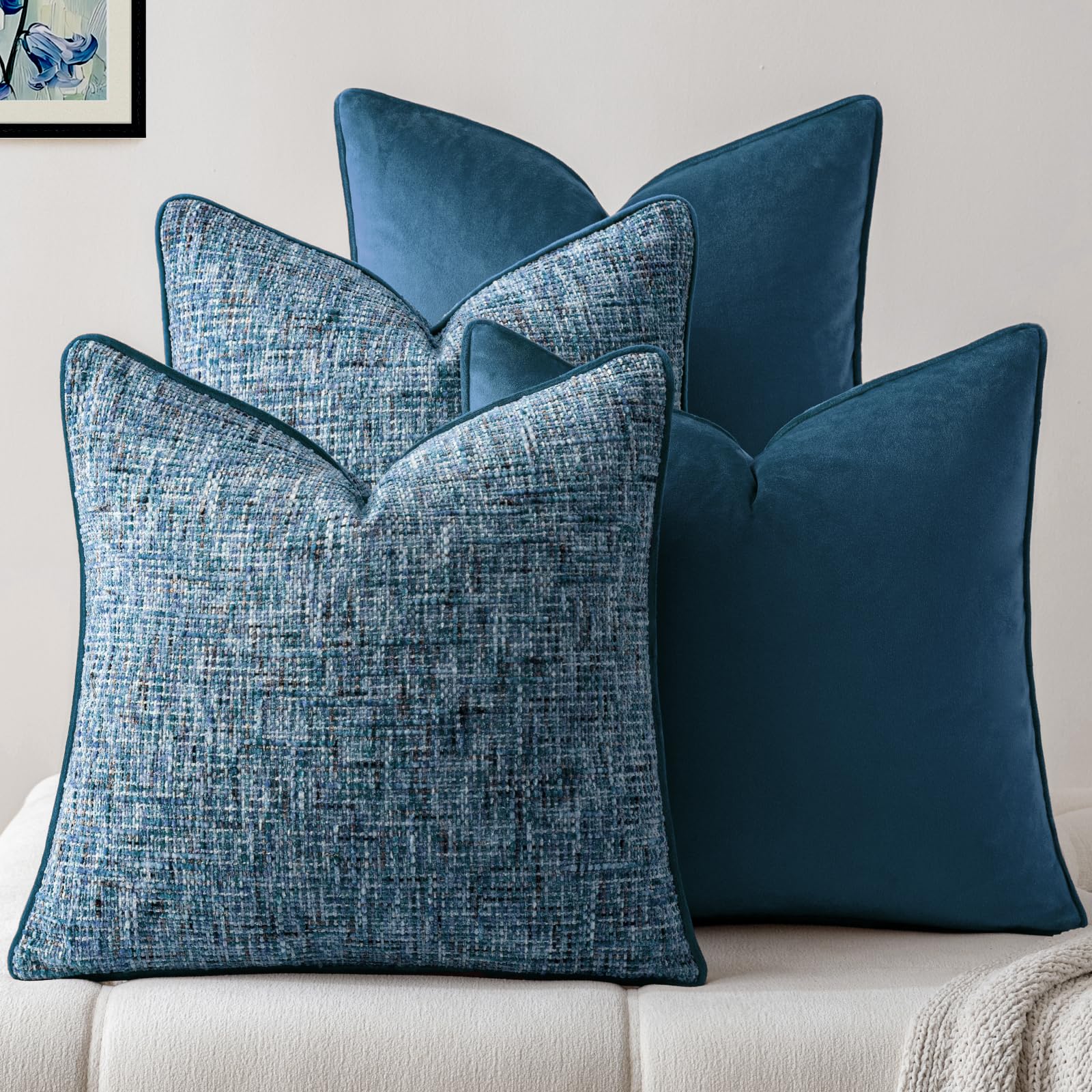 a moment Khaki 4 Pack Throw Pillow Covers - Chenille & Velvet Set with Piping, Farmhouse Textured Design Cushion Cases for Couch Sofa Bed (20x20 Inch, No Insert)