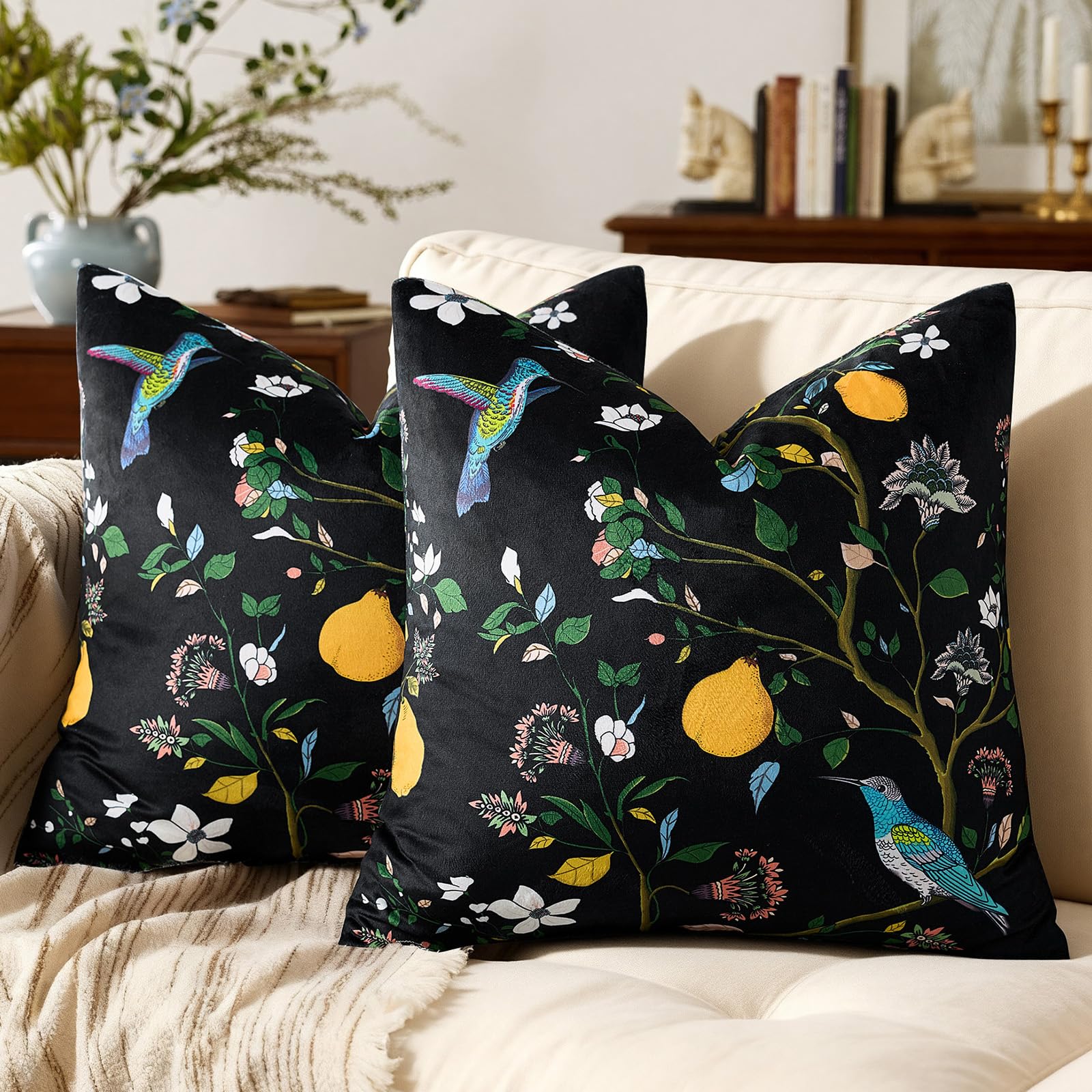 Mustard Yellow Velvet Throw Pillow Covers 20x20 Pack of 2, Vintage Floral Pillow Covers, Mid Century Flower Plant Cushion Covers for Sofa Living Room Home Decor