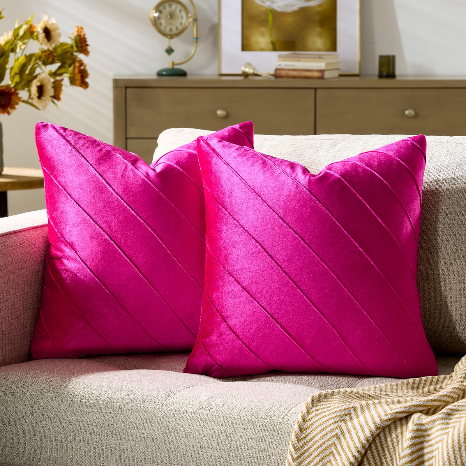 GIGIZAZA Decorative Velvet Pillow Covers 18x18, Set of 2 Gold Sofa Couch Throw Pillows Covers Cases, Living Room Square Cushion Accent Stripe Covers