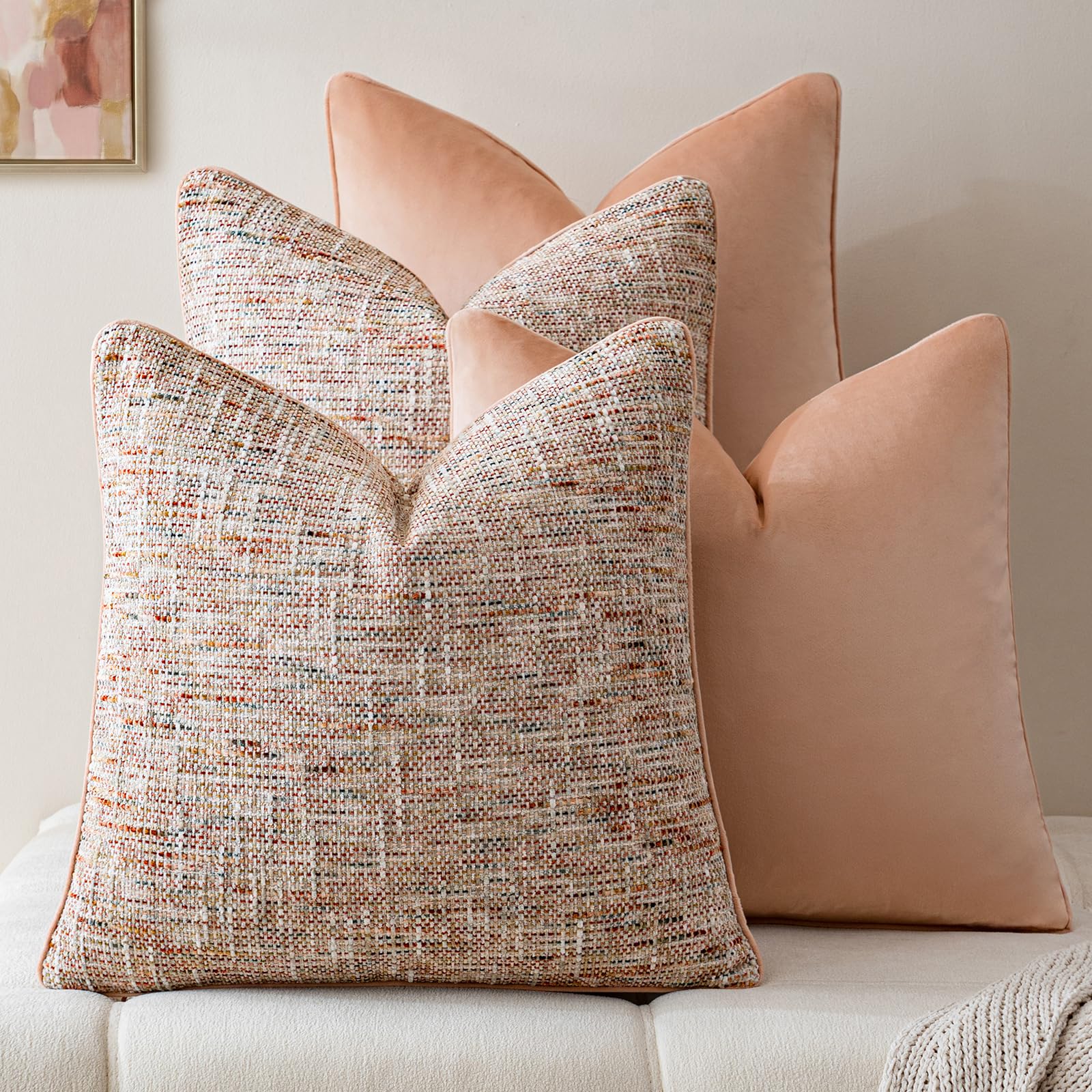 a moment Khaki 4 Pack Throw Pillow Covers - Chenille & Velvet Set with Piping, Farmhouse Textured Design Cushion Cases for Couch Sofa Bed (20x20 Inch, No Insert)