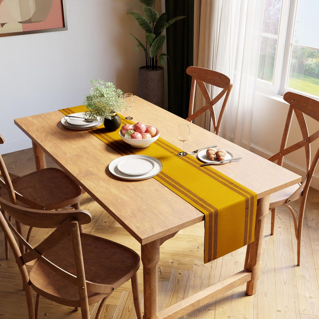 Encasa XO Dining Table Runner 13"x72" | Yarn Dyed Fine Ribbed Cotton | Ladder Yellow | Machine Washable