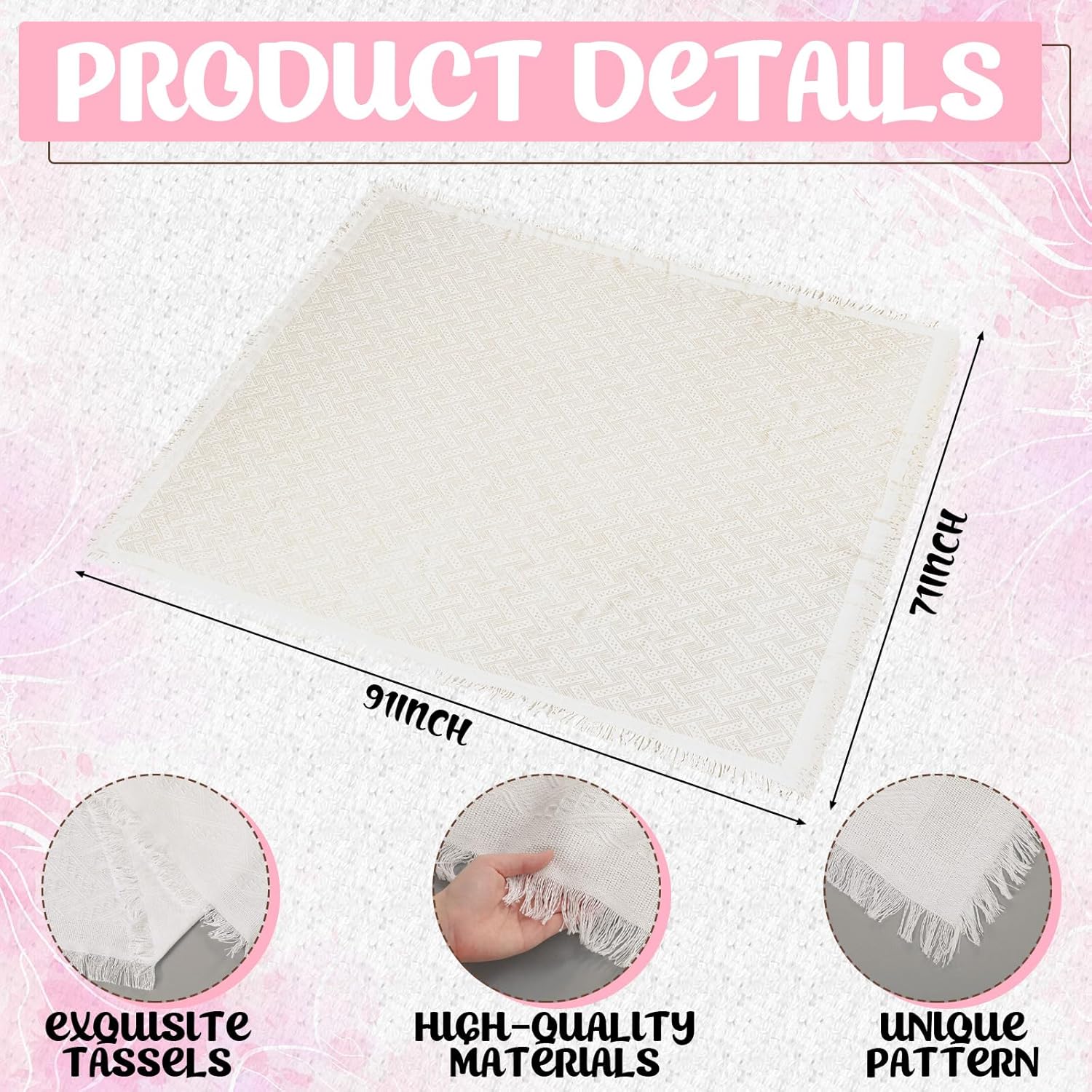 Beeveer 91 x 71 Extra Large Outdoor Boho Picnic Blanket with Pink Table Runner, 12 Throw Pillow Covers 12 Napkins Woven Cotton Yarn Oversize Beach Blanket Washable Picnic Camp Wedding