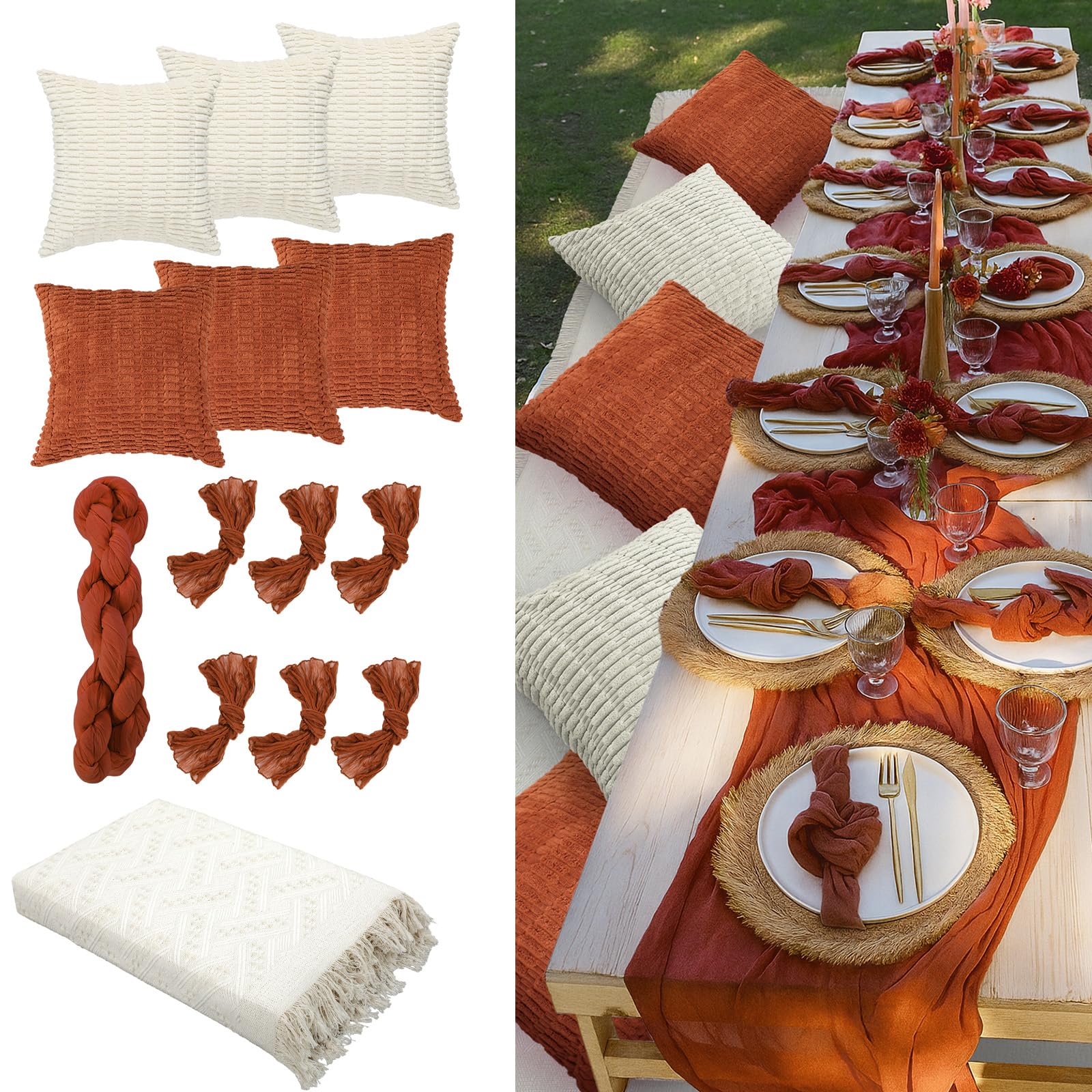 Beeveer 91 x 71 Extra Large Outdoor Boho Picnic Blanket with Pink Table Runner, 12 Throw Pillow Covers 12 Napkins Woven Cotton Yarn Oversize Beach Blanket Washable Picnic Camp Wedding