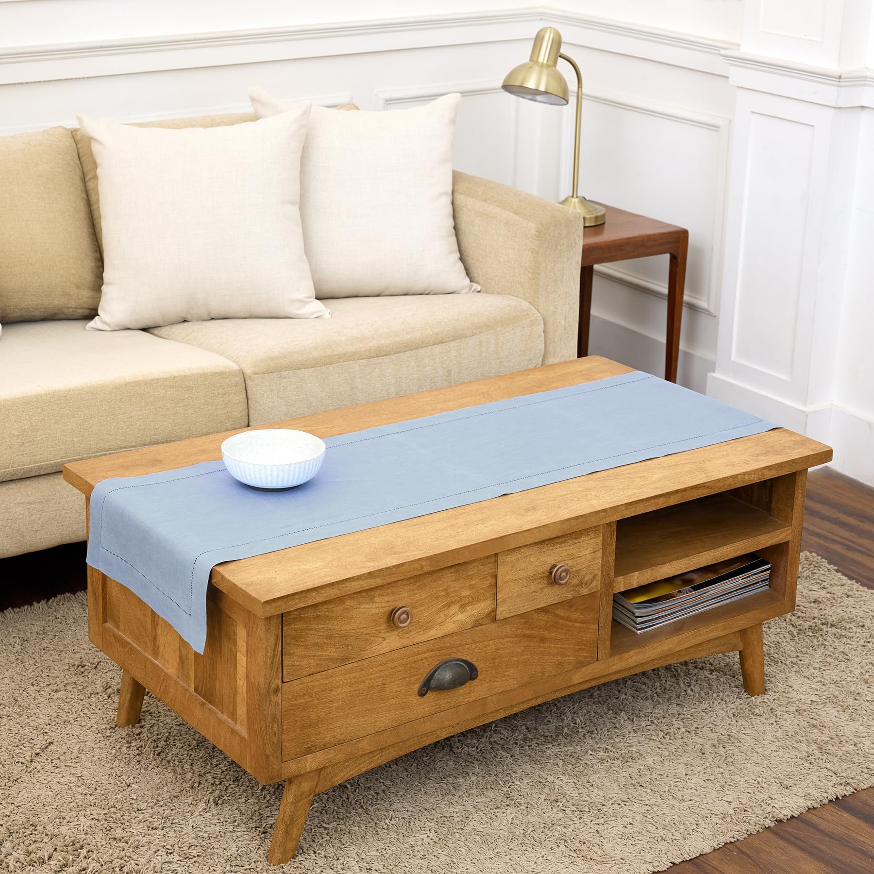 Solino Home Linen Light Natural Table Runner 72 Inches Long - 100% Pure Linen Hemstitch Table Runner 14 x 72 Inch for Dresser, Dining, Spring, Summer - Classic Hemstitch
