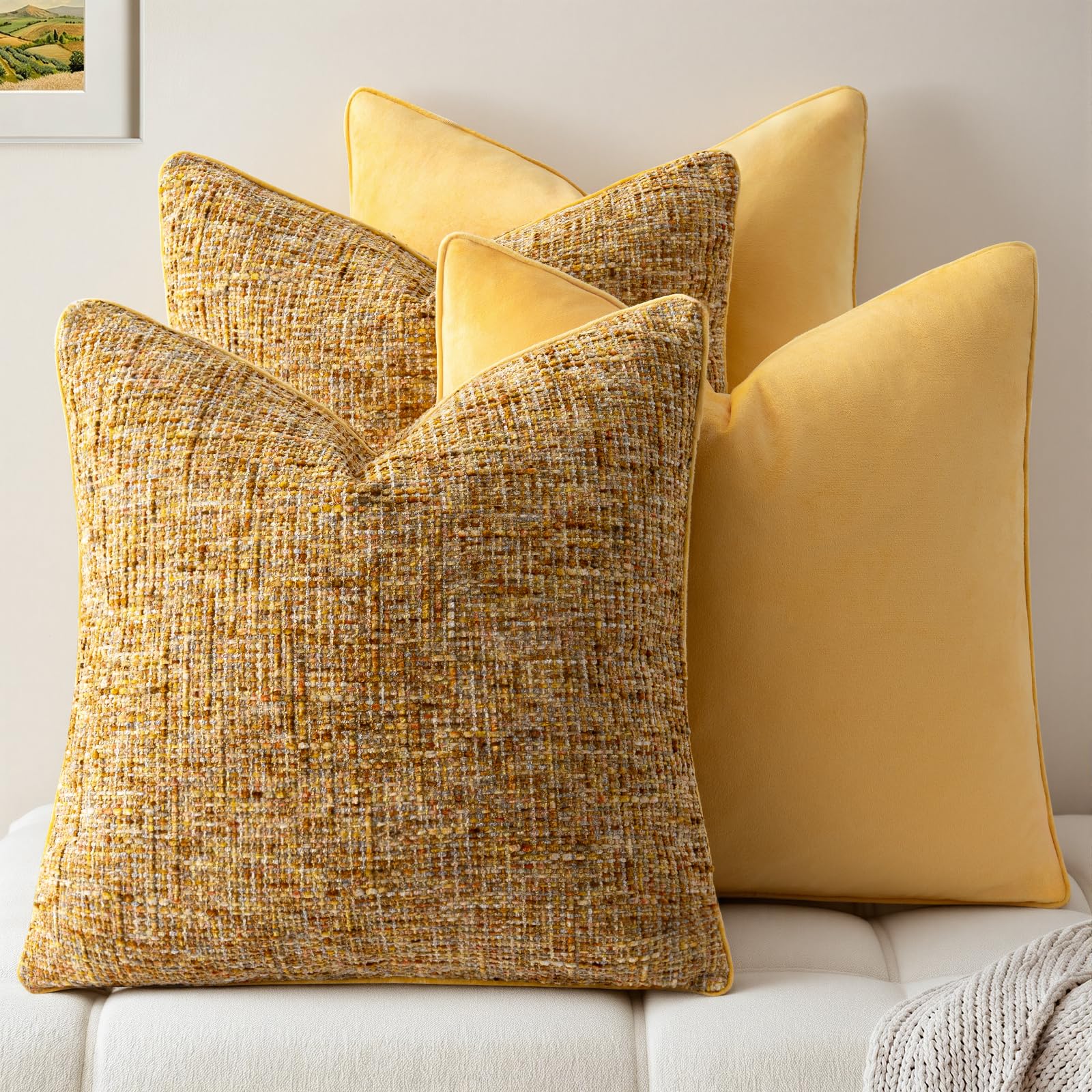 a moment Khaki 4 Pack Throw Pillow Covers - Chenille & Velvet Set with Piping, Farmhouse Textured Design Cushion Cases for Couch Sofa Bed (20x20 Inch, No Insert)