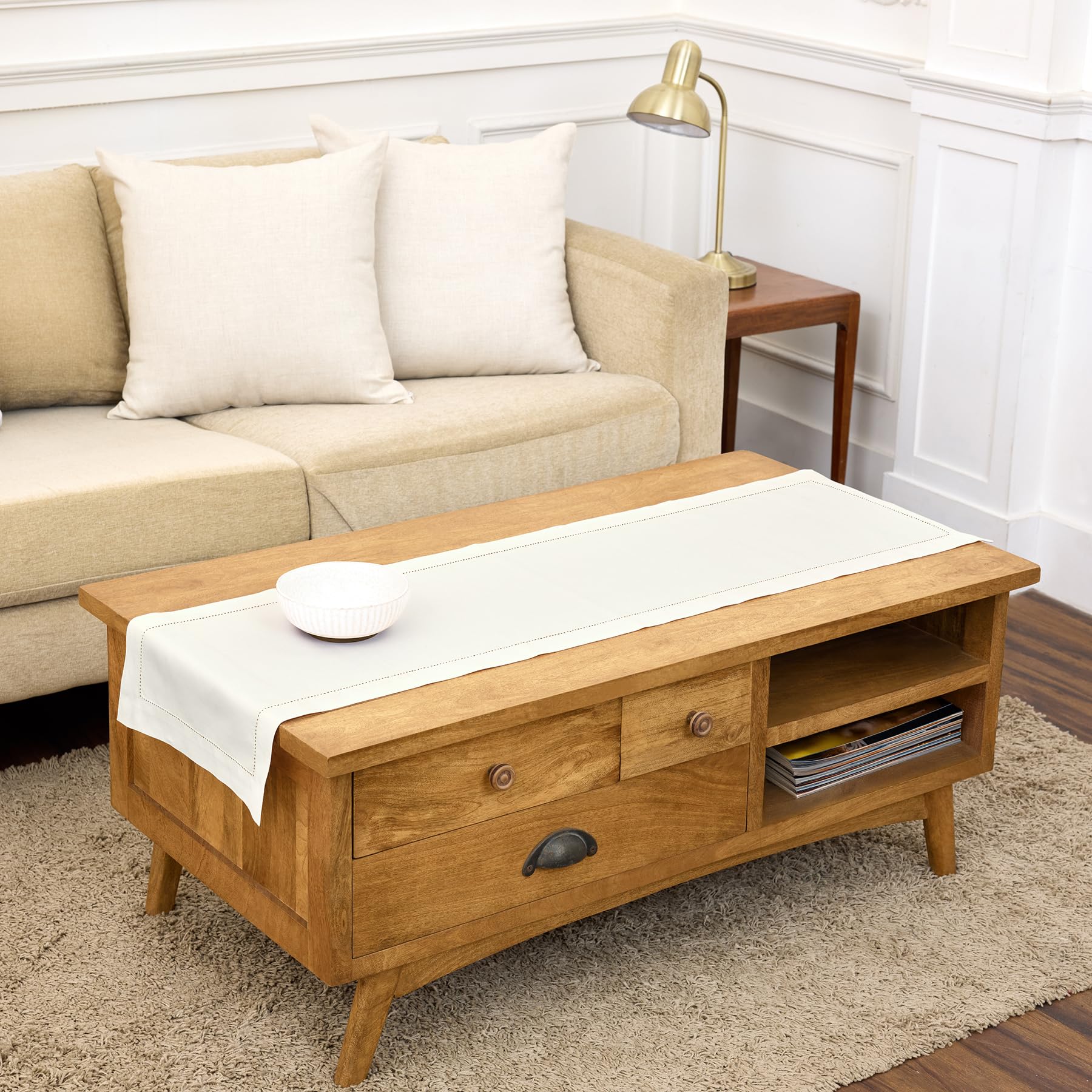 Solino Home Linen Light Natural Table Runner 72 Inches Long - 100% Pure Linen Hemstitch Table Runner 14 x 72 Inch for Dresser, Dining, Spring, Summer - Classic Hemstitch