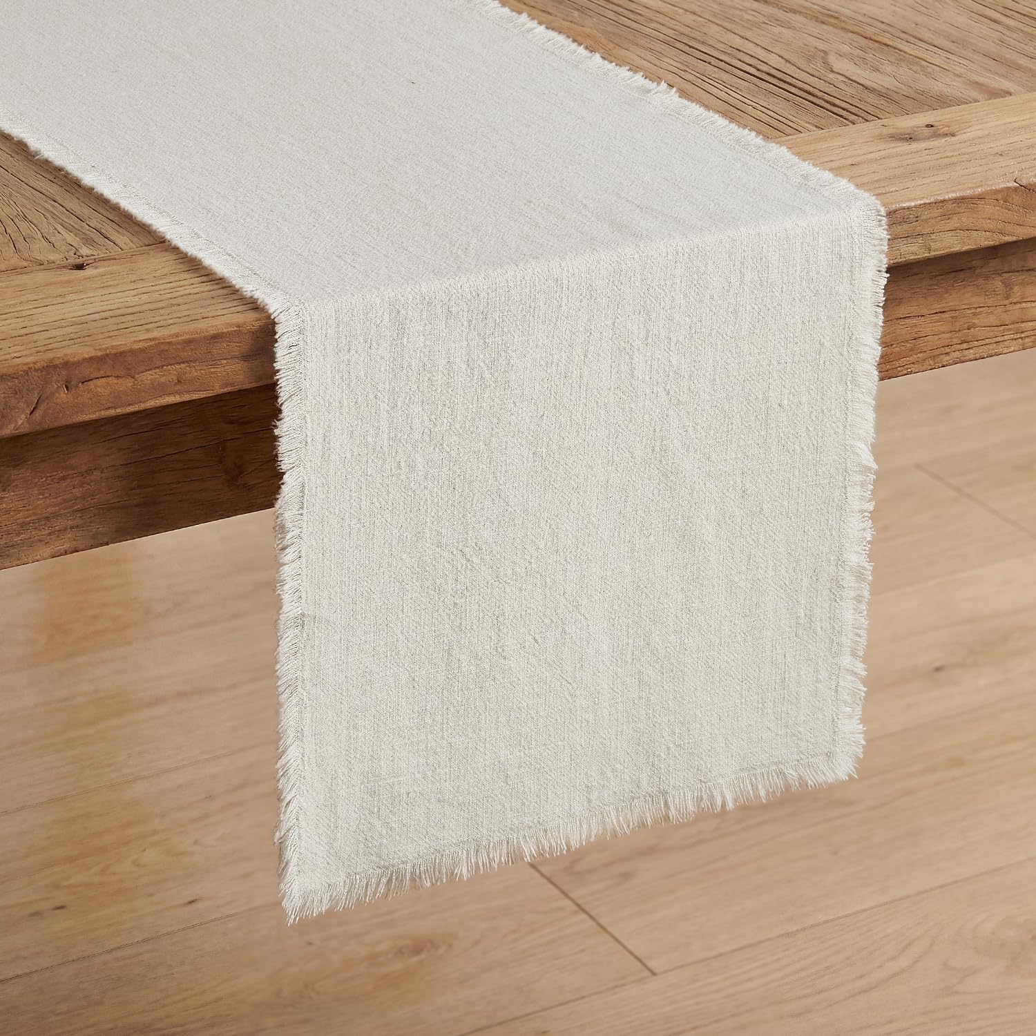 KINGSTONE 14 x 72 Inches Frayed Edge Table Runner, 270G Heavyweight Sand Washed Slub Texture Cotton Linen for Modern Farmhouse, Rustic Home Decorations Dining Room Wedding Boho Decor, Natural