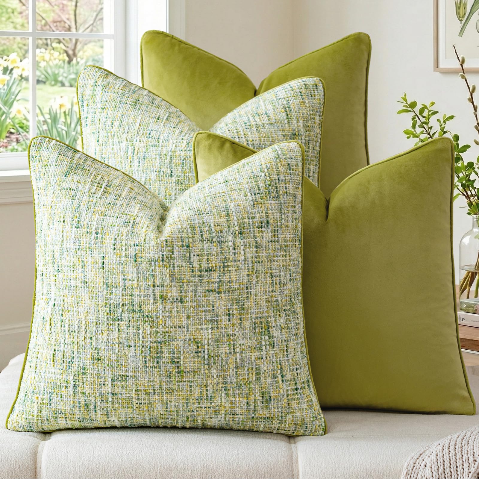 a moment Khaki 4 Pack Throw Pillow Covers - Chenille & Velvet Set with Piping, Farmhouse Textured Design Cushion Cases for Couch Sofa Bed (20x20 Inch, No Insert)