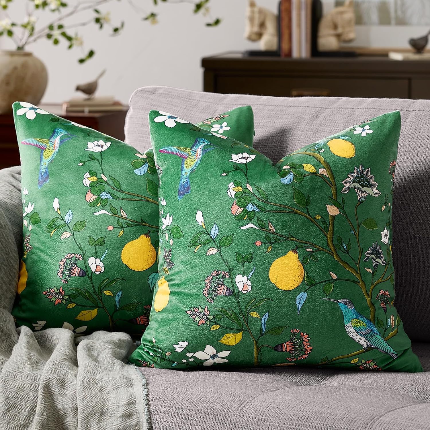 Mustard Yellow Velvet Throw Pillow Covers 20x20 Pack of 2, Vintage Floral Pillow Covers, Mid Century Flower Plant Cushion Covers for Sofa Living Room Home Decor