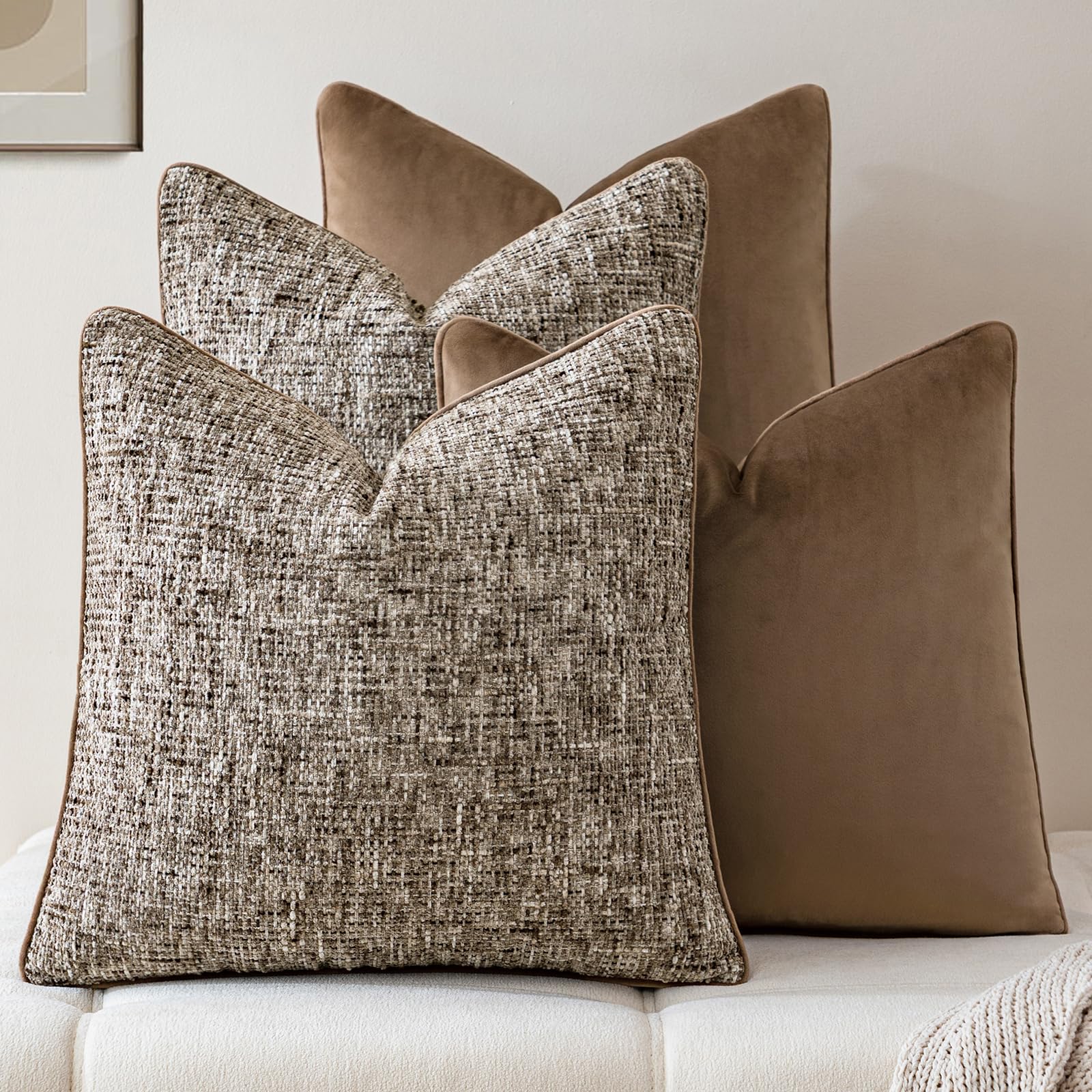 a moment Khaki 4 Pack Throw Pillow Covers - Chenille & Velvet Set with Piping, Farmhouse Textured Design Cushion Cases for Couch Sofa Bed (20x20 Inch, No Insert)
