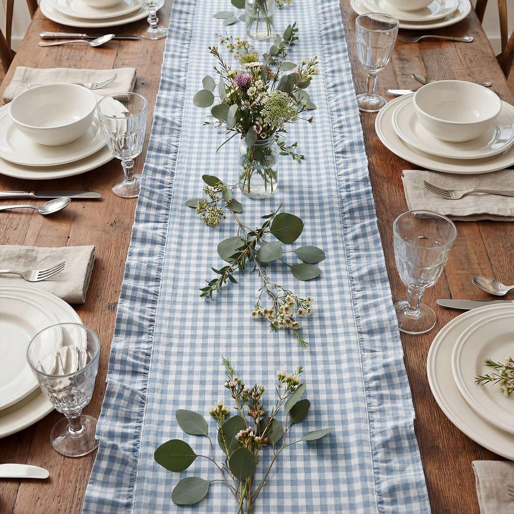 HunnmingRe 1 Pcs Blue Plaid Gingham Ruffle Table Runner 118 x 13.8'' Farmhouse Table Runner 100% Cotton Scalloped Long Dresser Scarves for Dining Room, Wedding, Kitchen Rustic Home Decor