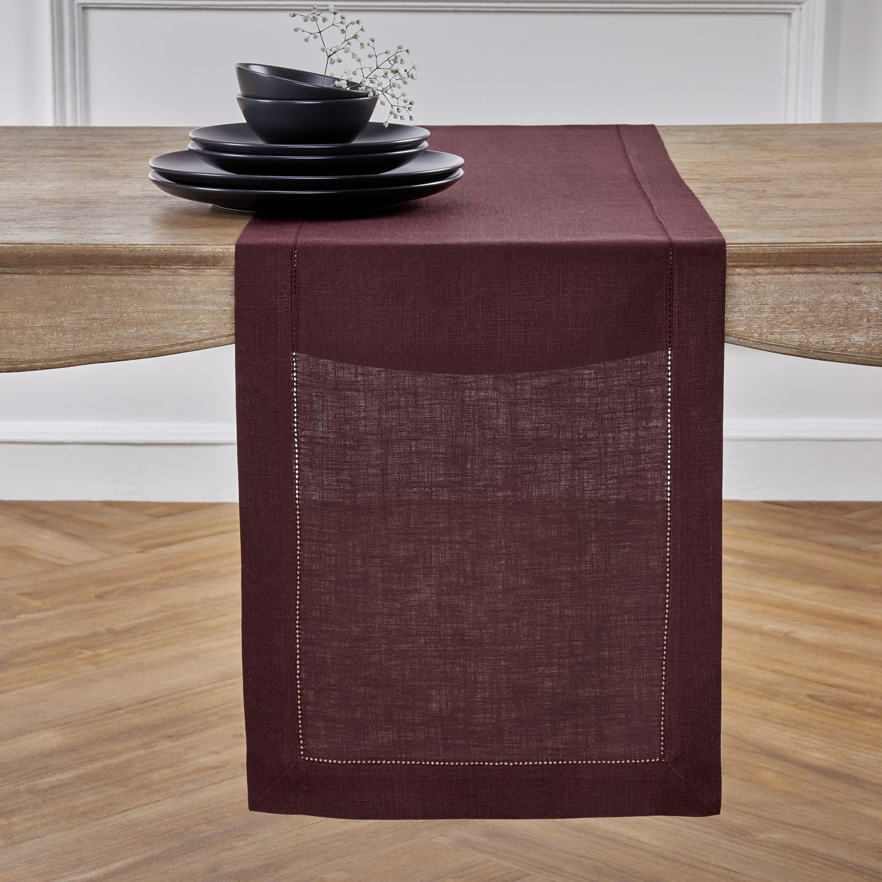 Solino Home Linen Light Natural Table Runner 72 Inches Long - 100% Pure Linen Hemstitch Table Runner 14 x 72 Inch for Dresser, Dining, Spring, Summer - Classic Hemstitch