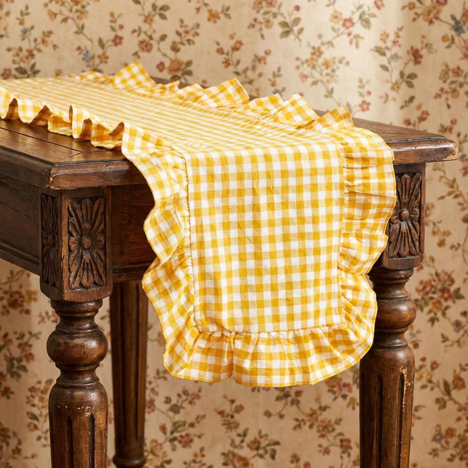 HunnmingRe 1 Pcs Blue Plaid Gingham Ruffle Table Runner 118 x 13.8'' Farmhouse Table Runner 100% Cotton Scalloped Long Dresser Scarves for Dining Room, Wedding, Kitchen Rustic Home Decor