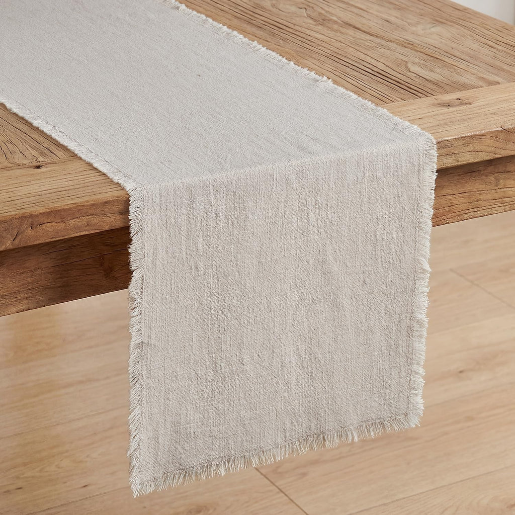 KINGSTONE 14 x 72 Inches Frayed Edge Table Runner, 270G Heavyweight Sand Washed Slub Texture Cotton Linen for Modern Farmhouse, Rustic Home Decorations Dining Room Wedding Boho Decor, Natural