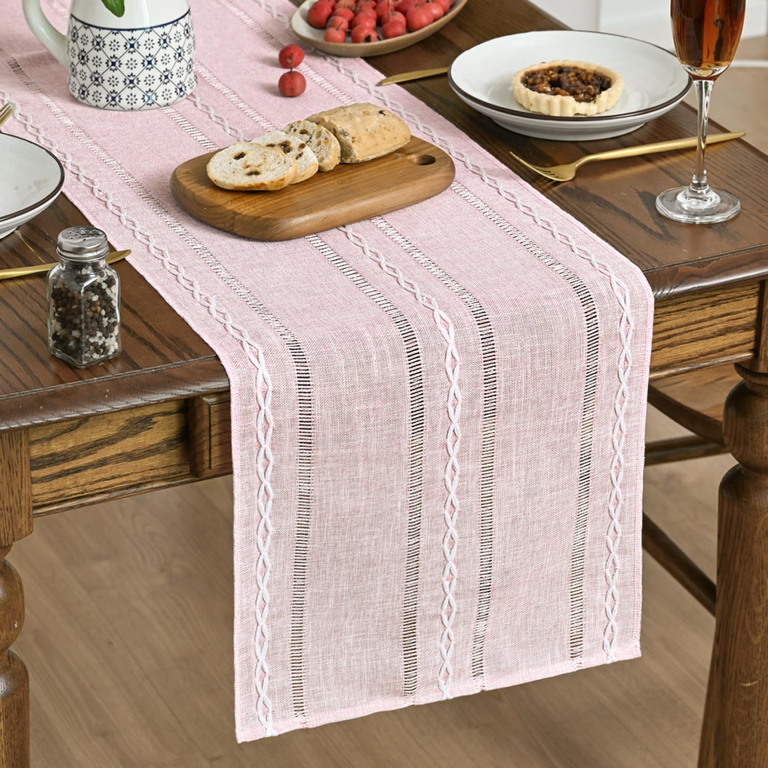 Artoid Mode Sage Green Rustic Cotton Linen Table Runner, Seasonal Embroidered Hollow Kitchen Dining Table Decoration for Home Party Decor 13x72 Inch