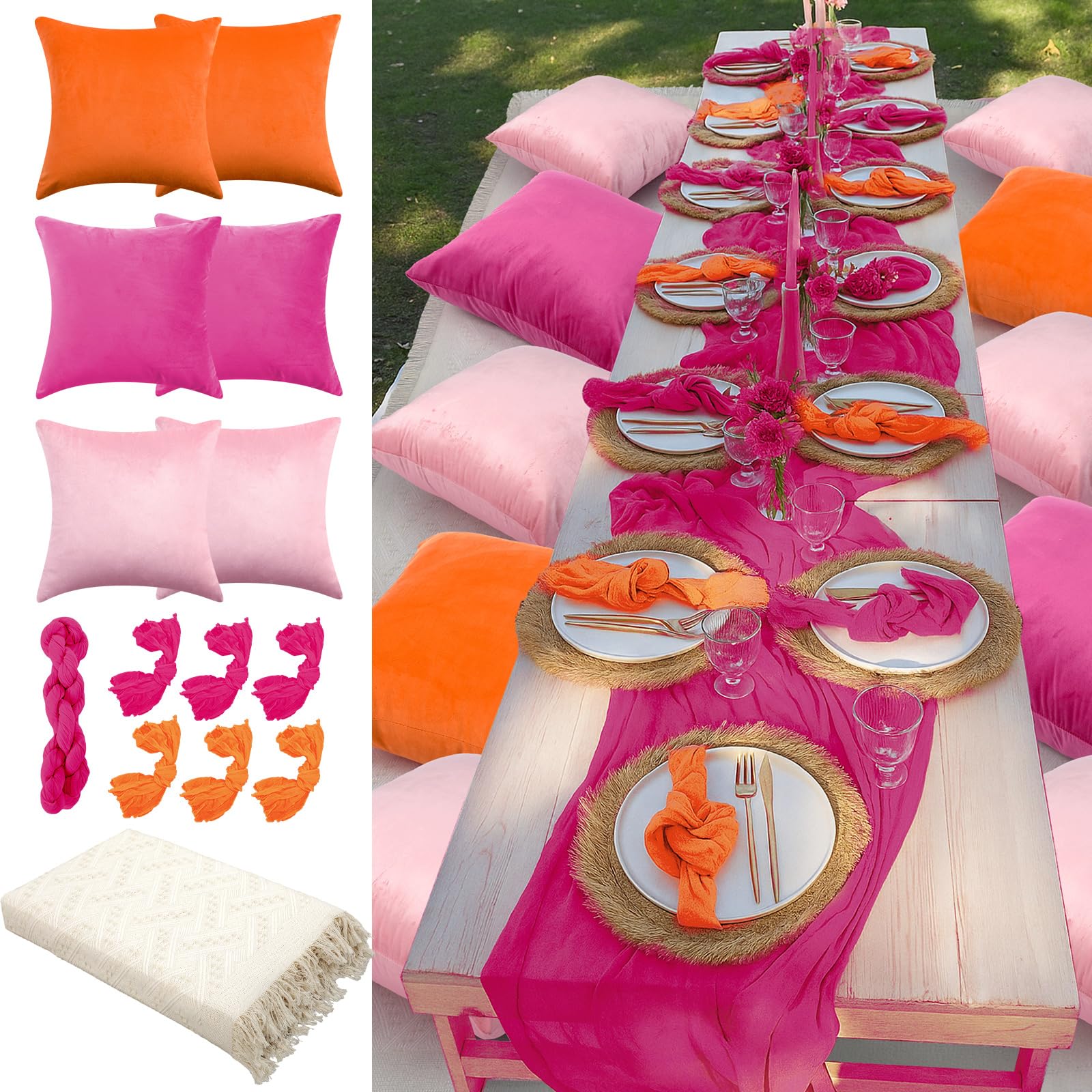 Beeveer 91 x 71 Extra Large Outdoor Boho Picnic Blanket with Pink Table Runner, 12 Throw Pillow Covers 12 Napkins Woven Cotton Yarn Oversize Beach Blanket Washable Picnic Camp Wedding