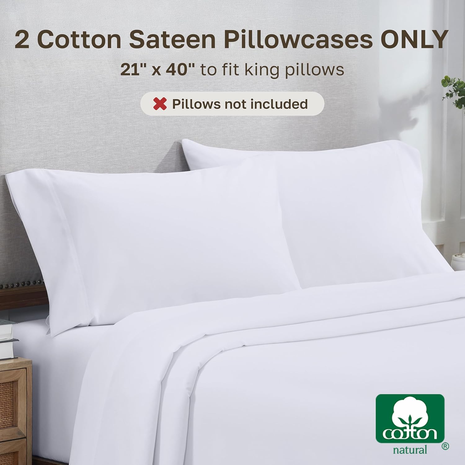 Heirloom Soft, Smooth & Thick Certified 800 Thread Count 100% Cotton Sateen, 2 King Size Pillow Cases, Fits King Pillows (Bright White)