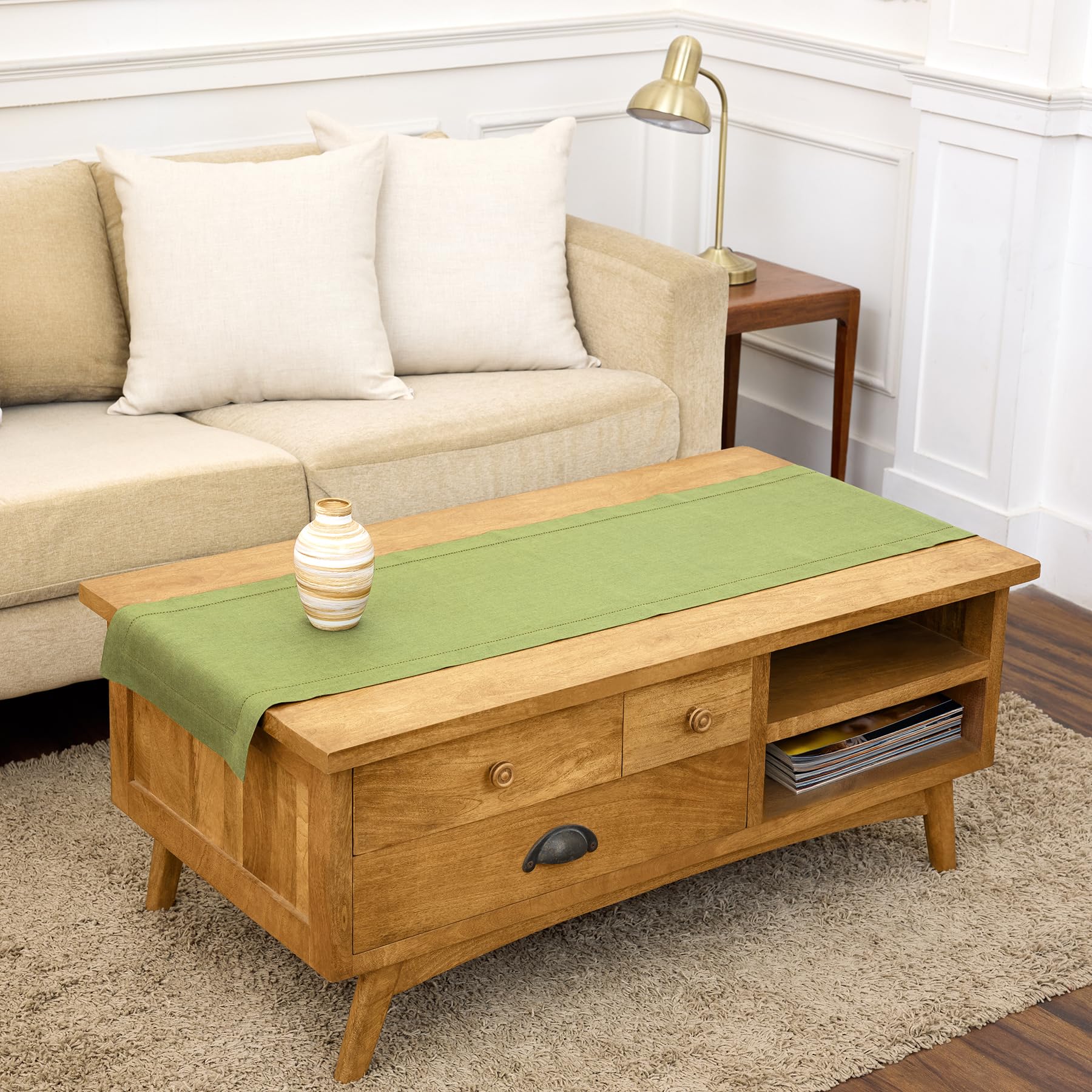 Solino Home Linen Light Natural Table Runner 72 Inches Long - 100% Pure Linen Hemstitch Table Runner 14 x 72 Inch for Dresser, Dining, Spring, Summer - Classic Hemstitch