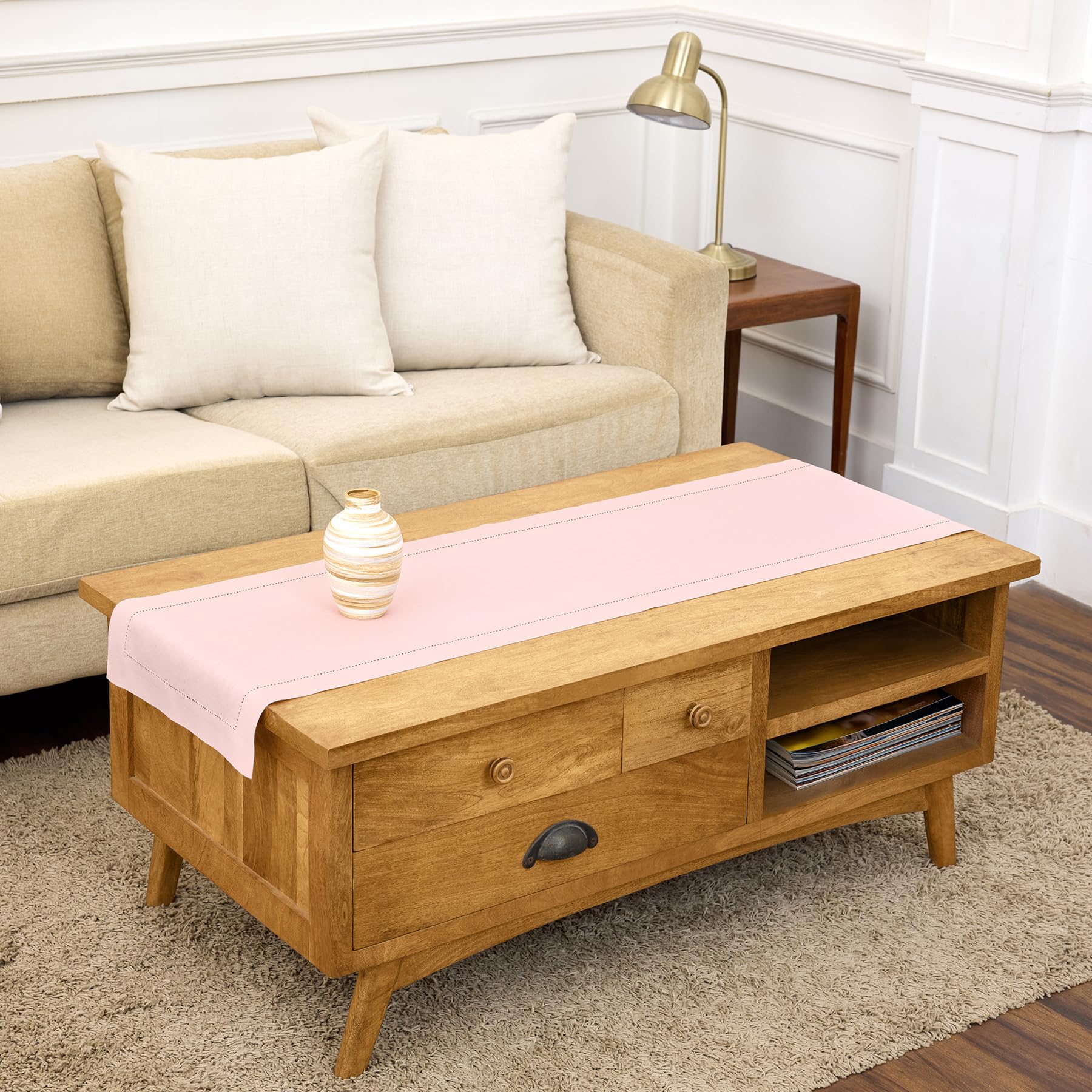 Solino Home Linen Light Natural Table Runner 72 Inches Long - 100% Pure Linen Hemstitch Table Runner 14 x 72 Inch for Dresser, Dining, Spring, Summer - Classic Hemstitch