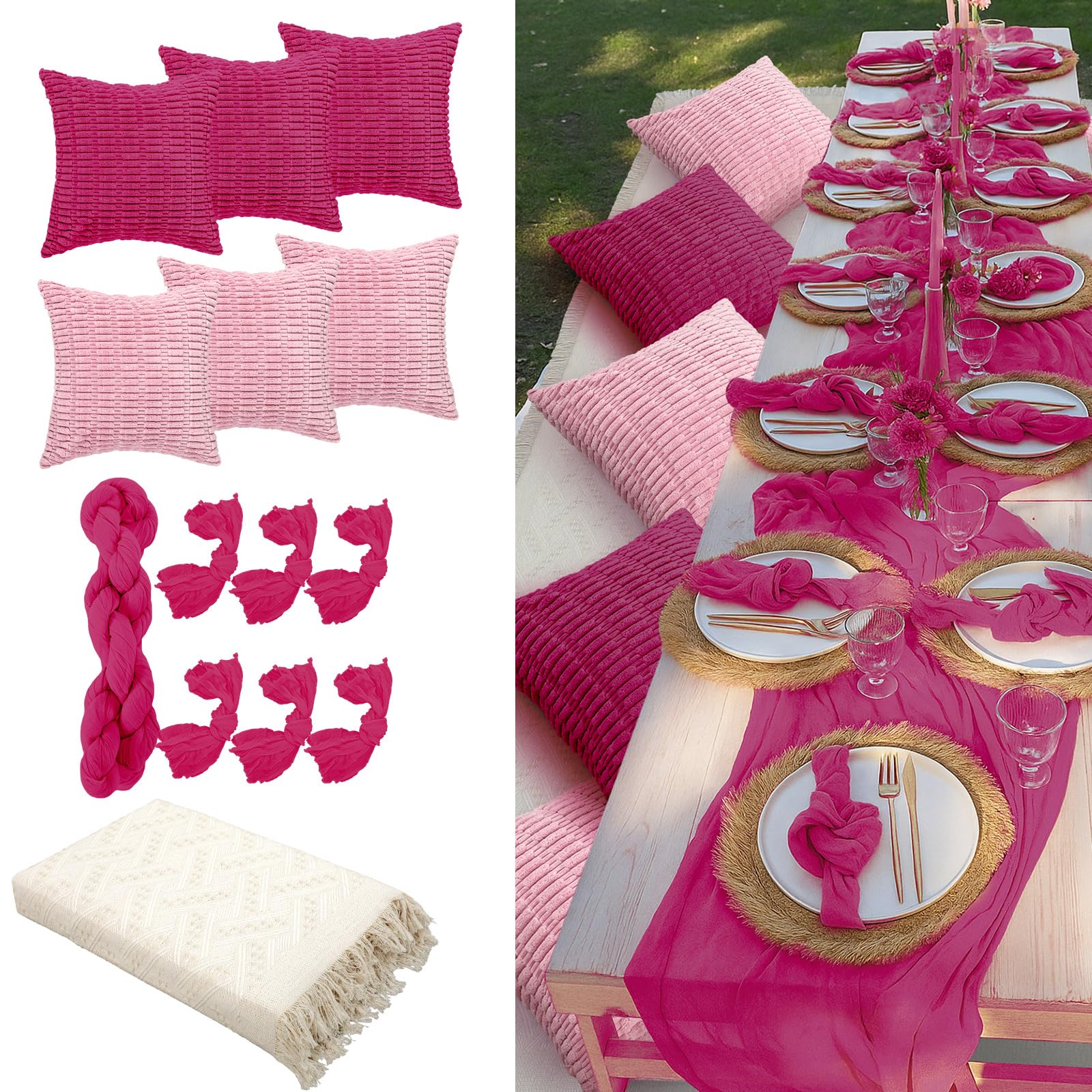 Beeveer 91 x 71 Extra Large Outdoor Boho Picnic Blanket with Pink Table Runner, 12 Throw Pillow Covers 12 Napkins Woven Cotton Yarn Oversize Beach Blanket Washable Picnic Camp Wedding