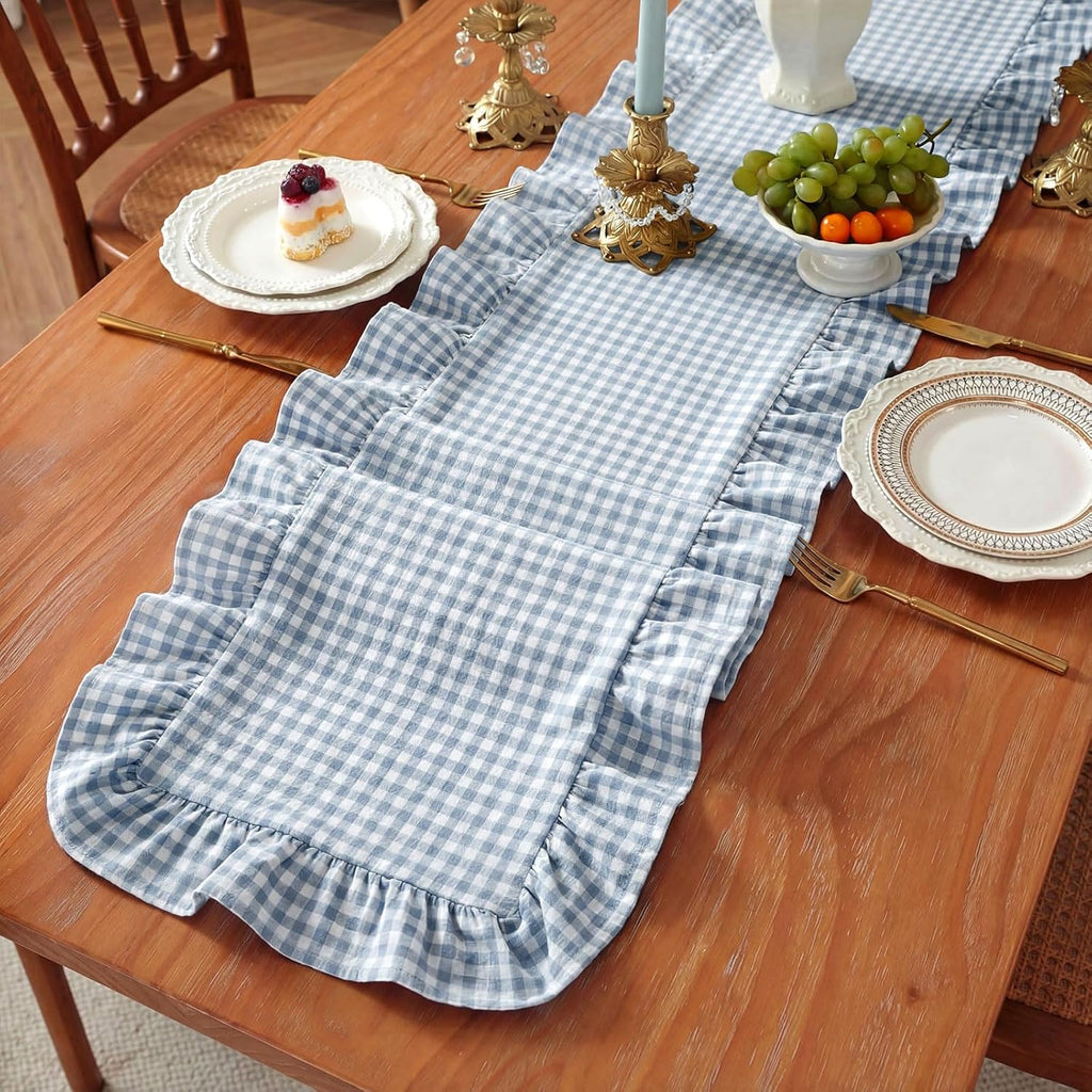 HunnmingRe 1 Pcs Blue Plaid Gingham Ruffle Table Runner 118 x 13.8'' Farmhouse Table Runner 100% Cotton Scalloped Long Dresser Scarves for Dining Room, Wedding, Kitchen Rustic Home Decor