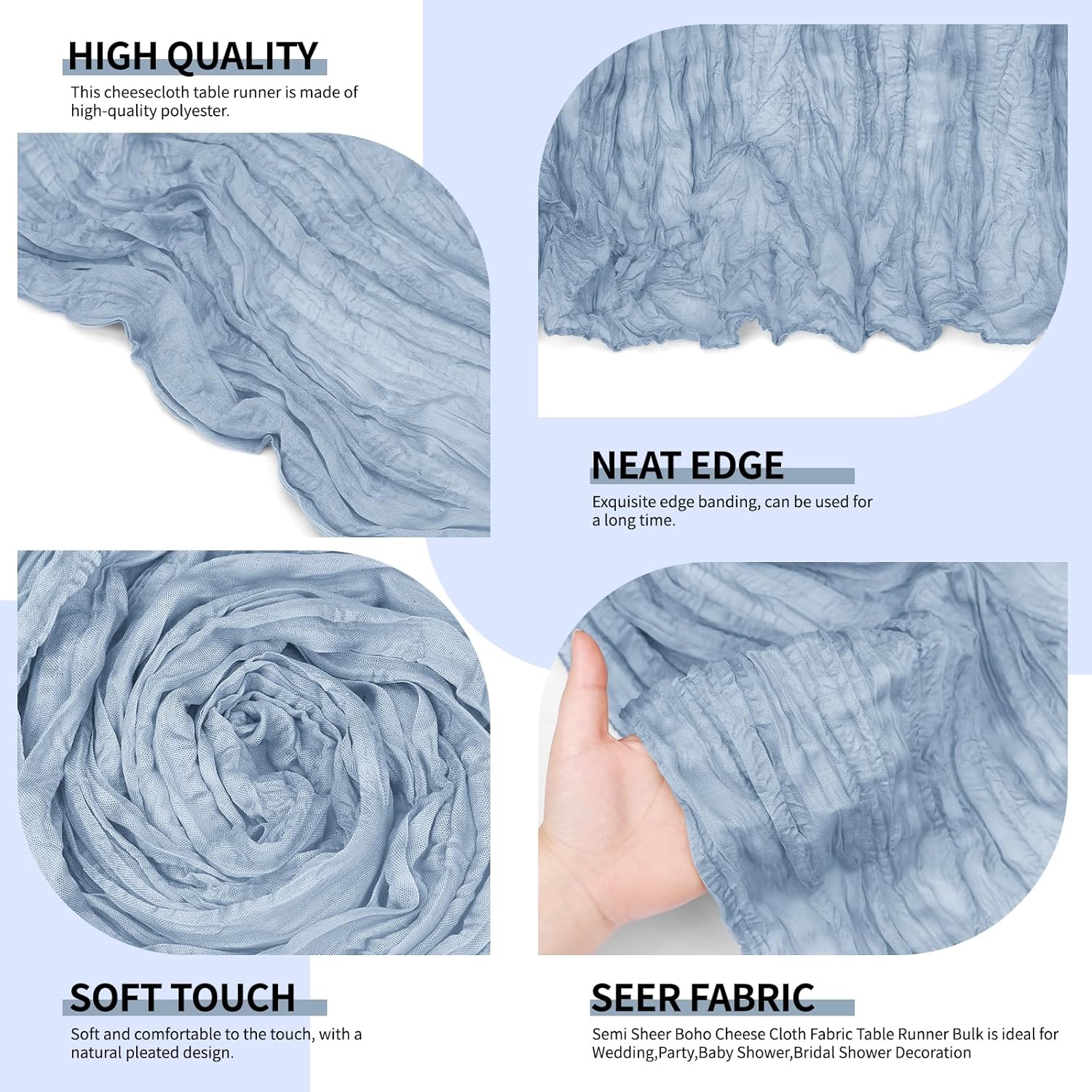 12 Pack Dusty Blue Cheesecloth Table Runner 10Ft, Gauze Table Runners 21.5 x 120 inch,Semi Sheer Cheese Cloth Fabric Runner Bulk for Wedding,Party,Baby Shower,Bridal Shower