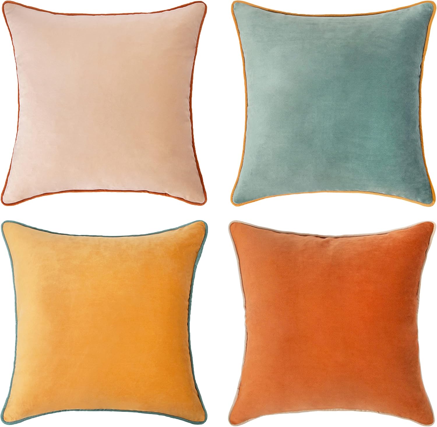 Set of 4 18×18 Inch Double-Sided Velvet Throw Pillow Covers, Orange & Teal