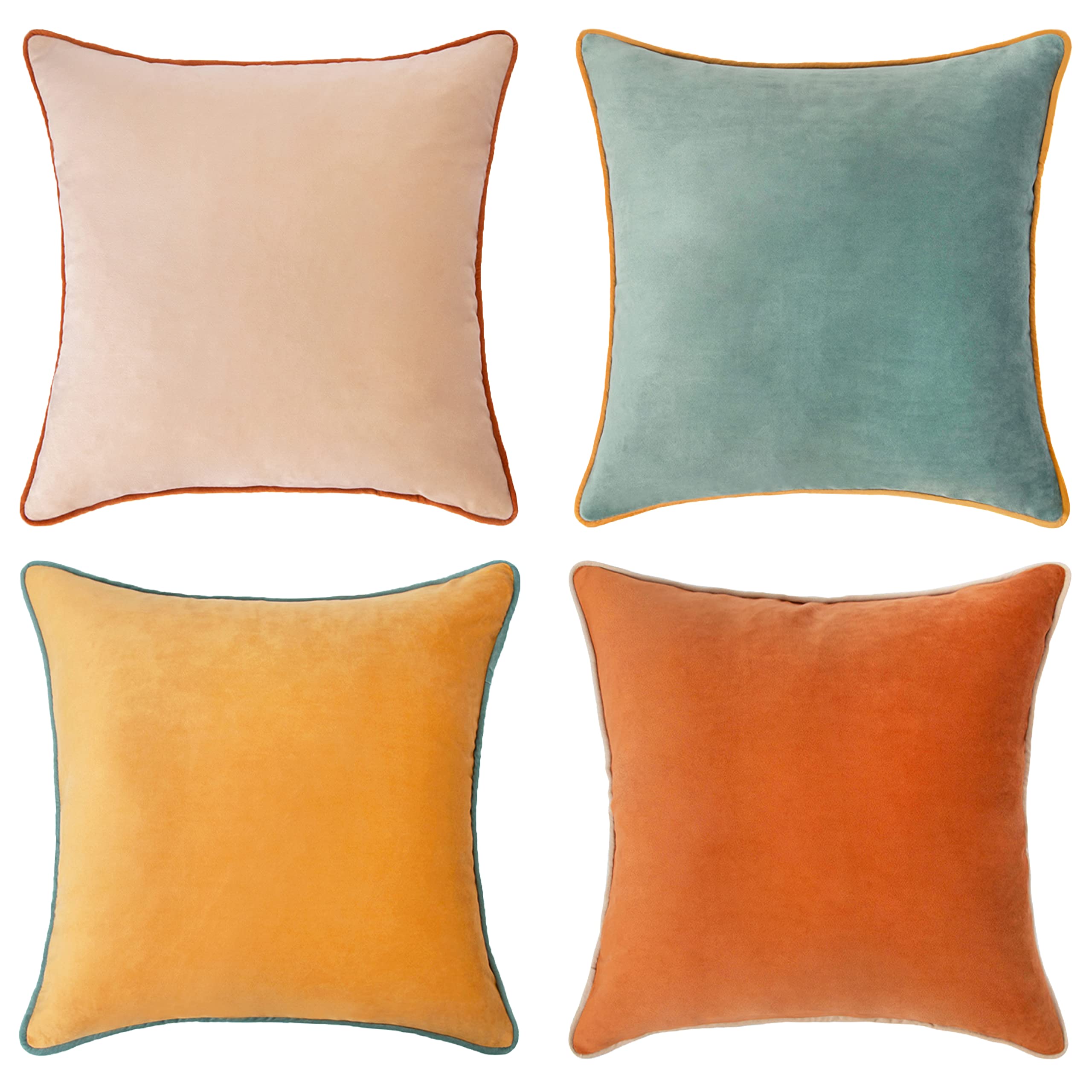 Set of 4 18×18 Inch Double-Sided Velvet Throw Pillow Covers, Orange & Teal