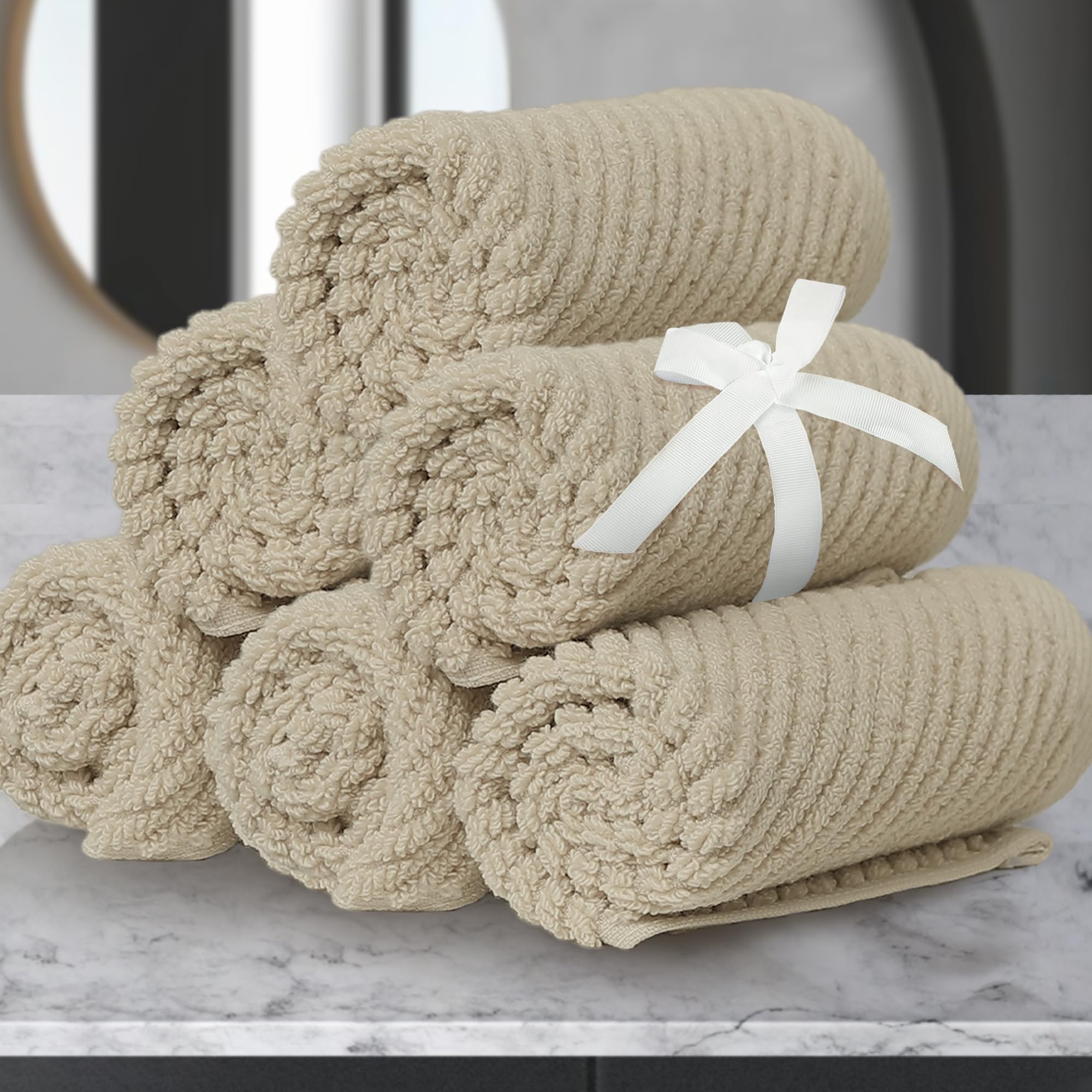 VOOVA & MOVAS Bath Towel Sets - 100% Cotton | Quick Dry | Light Weight | Thick | Soft, Beige Towels Set of 6, 2 Large Bath 30" x 56", 2 Hand 18" x 28", 2 Washcloths 13" x 13", Tan Towel Gift Set