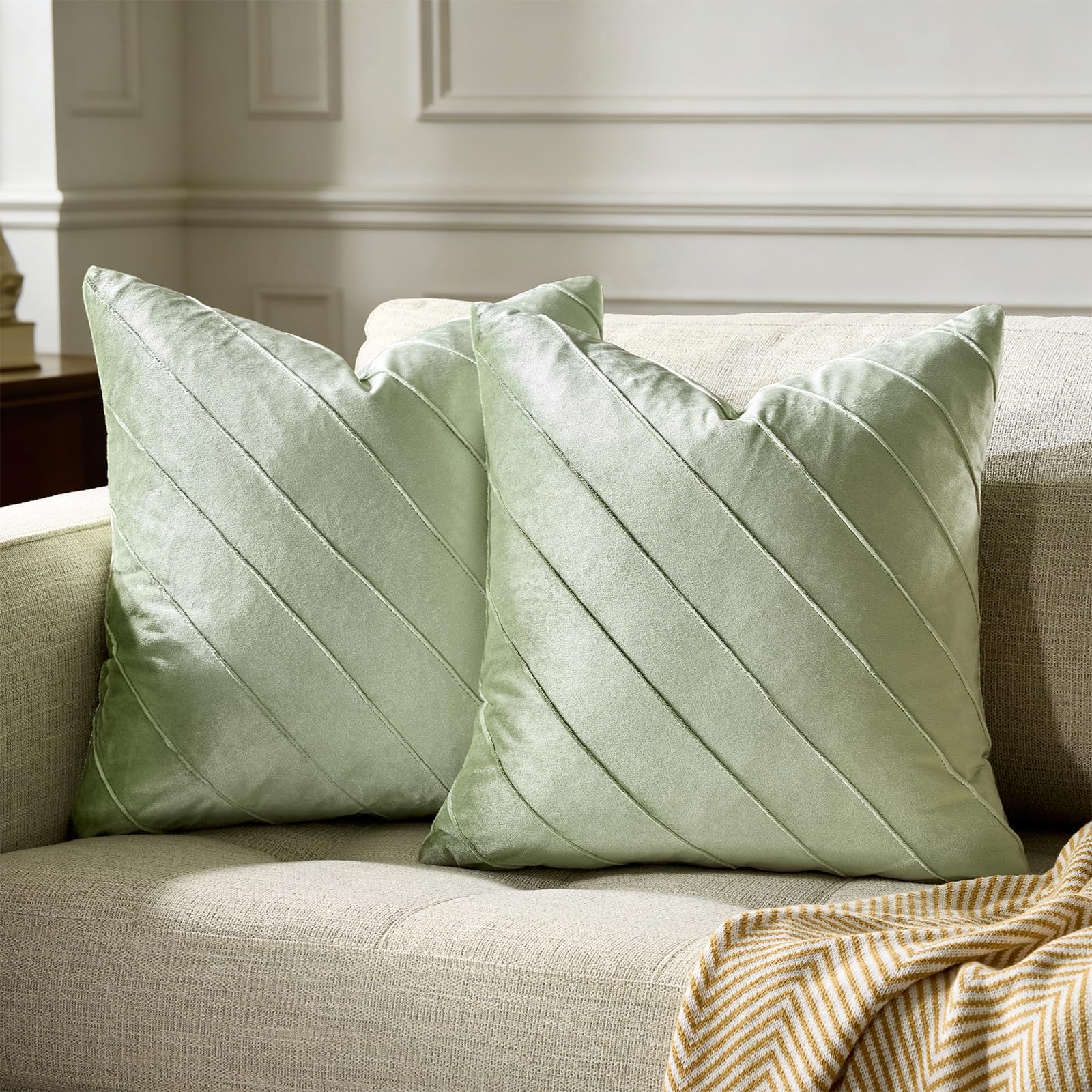 GIGIZAZA Decorative Velvet Pillow Covers 18x18, Set of 2 Gold Sofa Couch Throw Pillows Covers Cases, Living Room Square Cushion Accent Stripe Covers