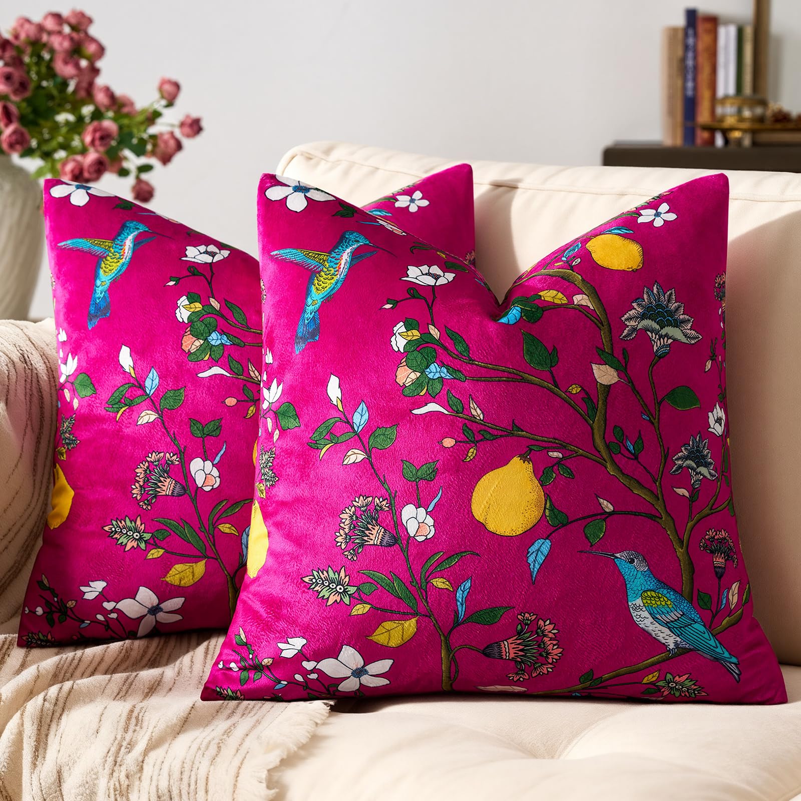 Mustard Yellow Velvet Throw Pillow Covers 20x20 Pack of 2, Vintage Floral Pillow Covers, Mid Century Flower Plant Cushion Covers for Sofa Living Room Home Decor
