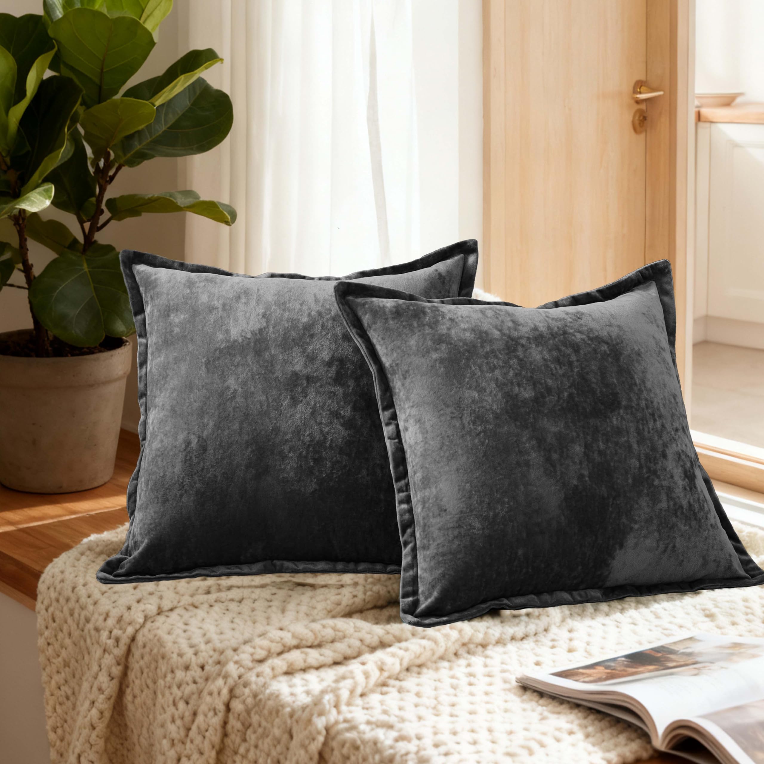 Velvet Pillow Covers 2 Pack Soft 26x26 Pillow Covers Solid Square Euro Shams Decorative Couch Pillow Cases with Wide Border for Sofa Bed Home Decor,Black