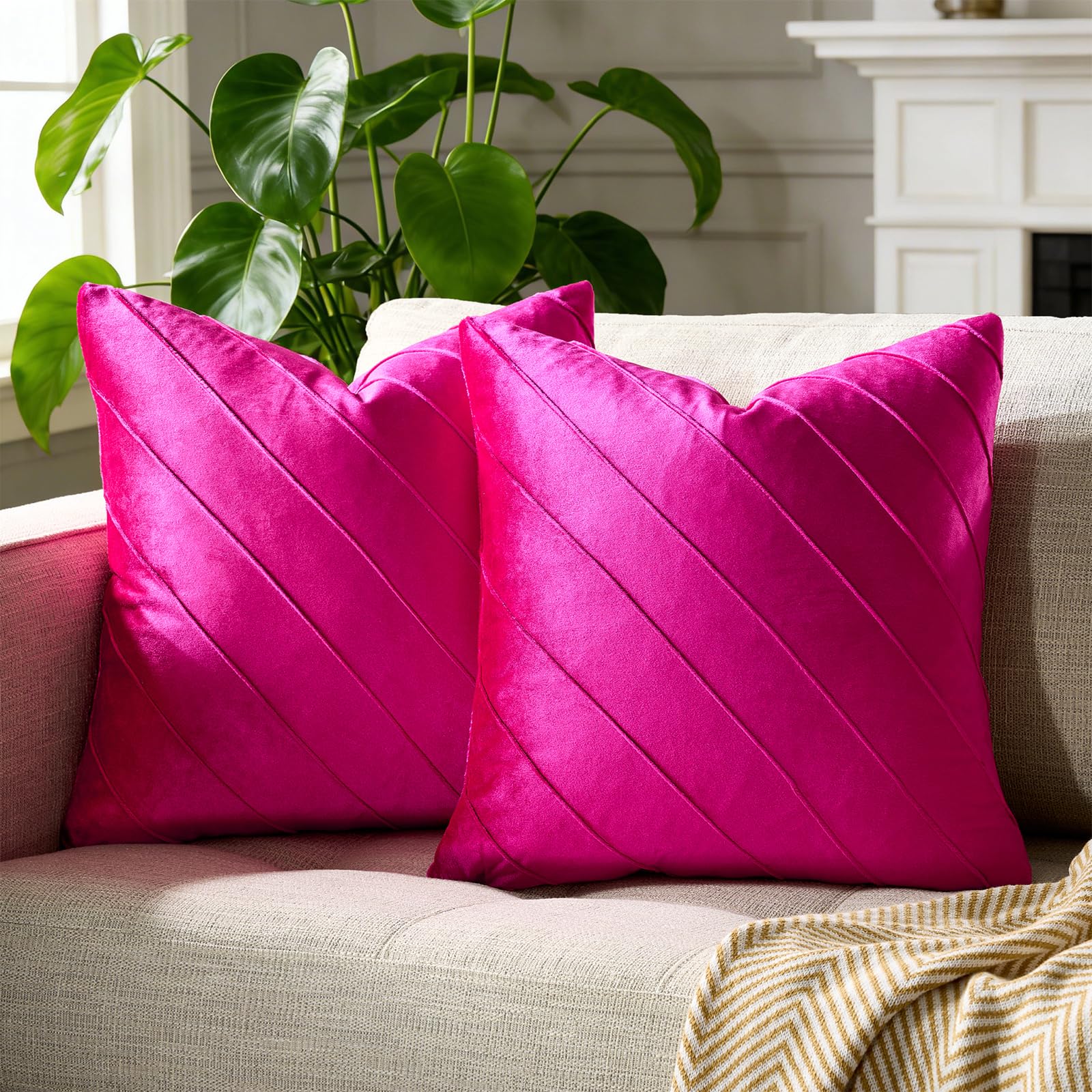GIGIZAZA Decorative Velvet Pillow Covers 18x18, Set of 2 Gold Sofa Couch Throw Pillows Covers Cases, Living Room Square Cushion Accent Stripe Covers
