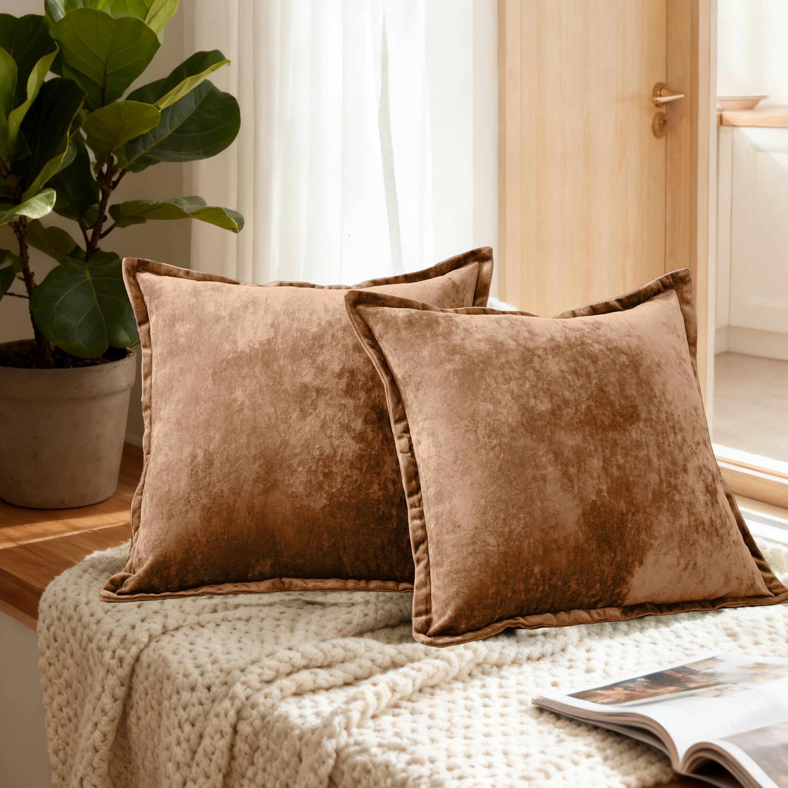 Velvet Pillow Covers 2 Pack Soft 26x26 Pillow Covers Solid Square Euro Shams Decorative Couch Pillow Cases with Wide Border for Sofa Bed Home Decor,Black