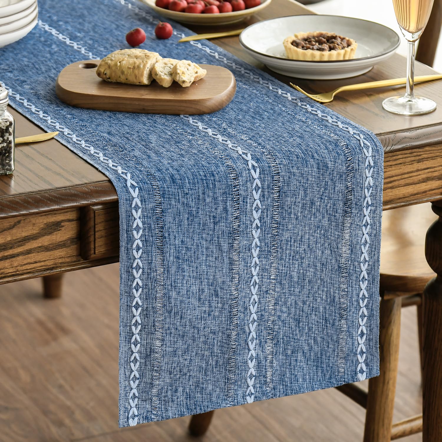 Artoid Mode Sage Green Rustic Cotton Linen Table Runner, Seasonal Embroidered Hollow Kitchen Dining Table Decoration for Home Party Decor 13x72 Inch