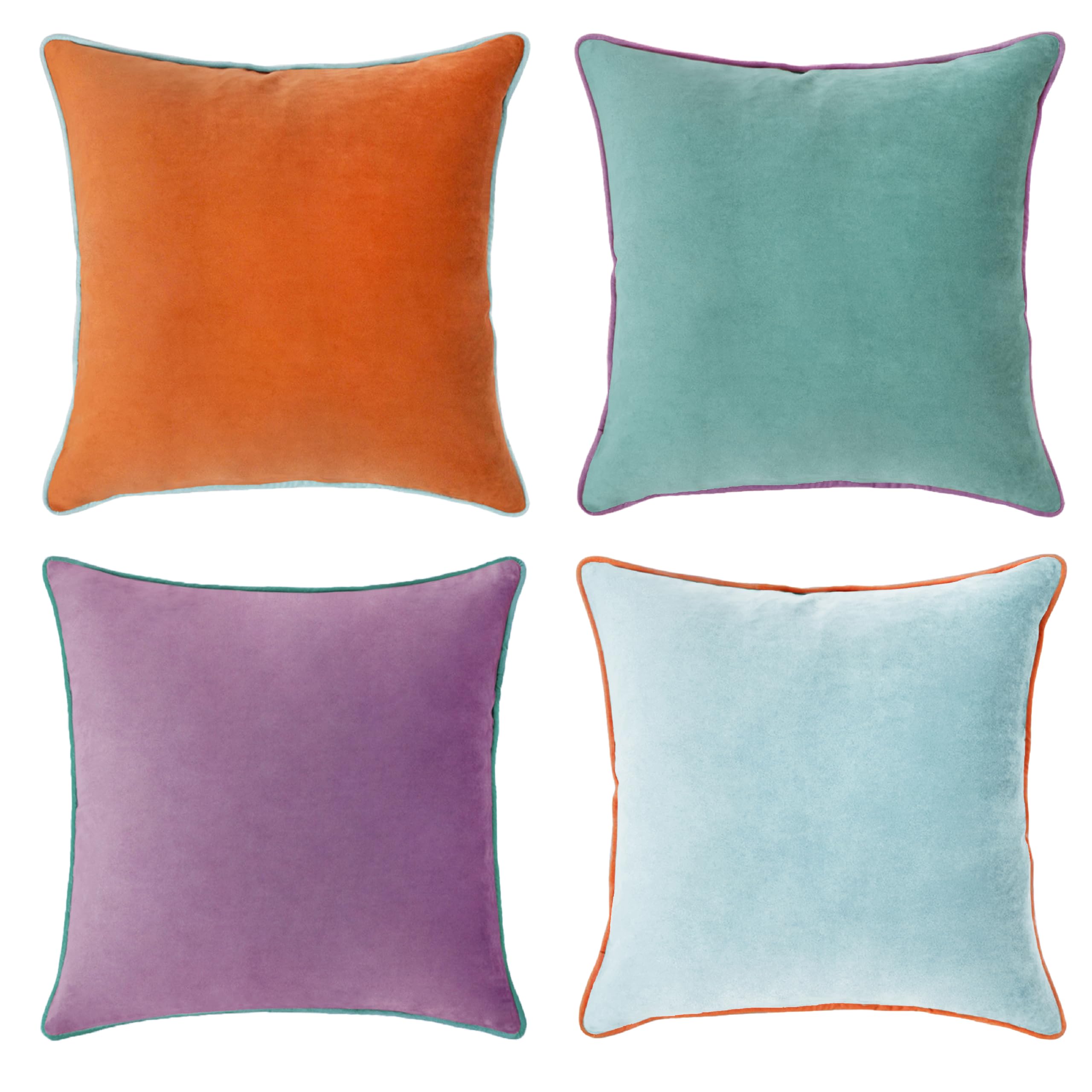 Set of 4 18×18 Inch Double-Sided Velvet Throw Pillow Covers, Orange & Teal