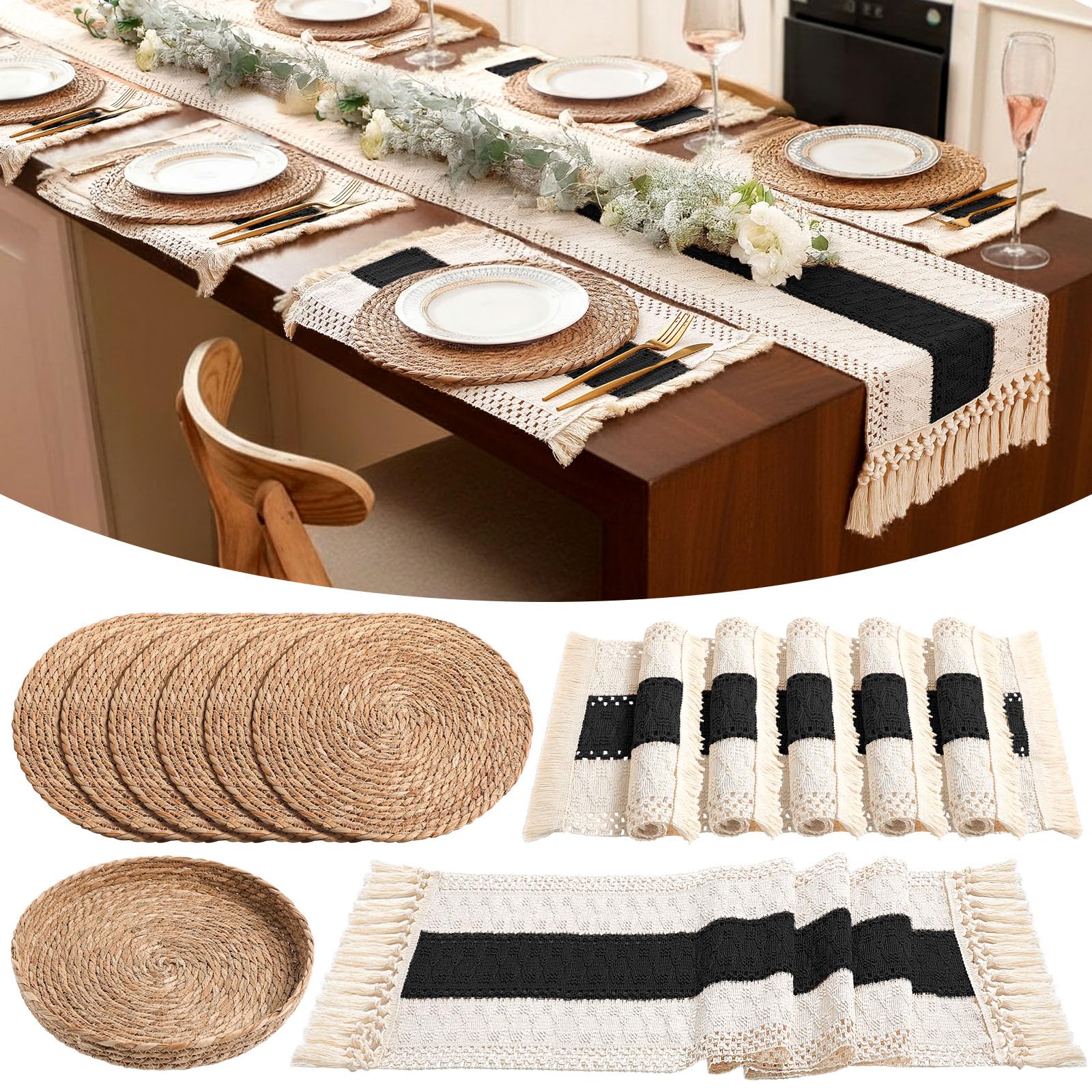 Boho Placemats 4/6/8 Set of Round Woven Placemat Macrame Style Bicolor Stitching Long Table Runner Farmhouse Rustic Natural Burlap Cotton for Kitchen Dining Table(6 Sets,Brown,12x72)