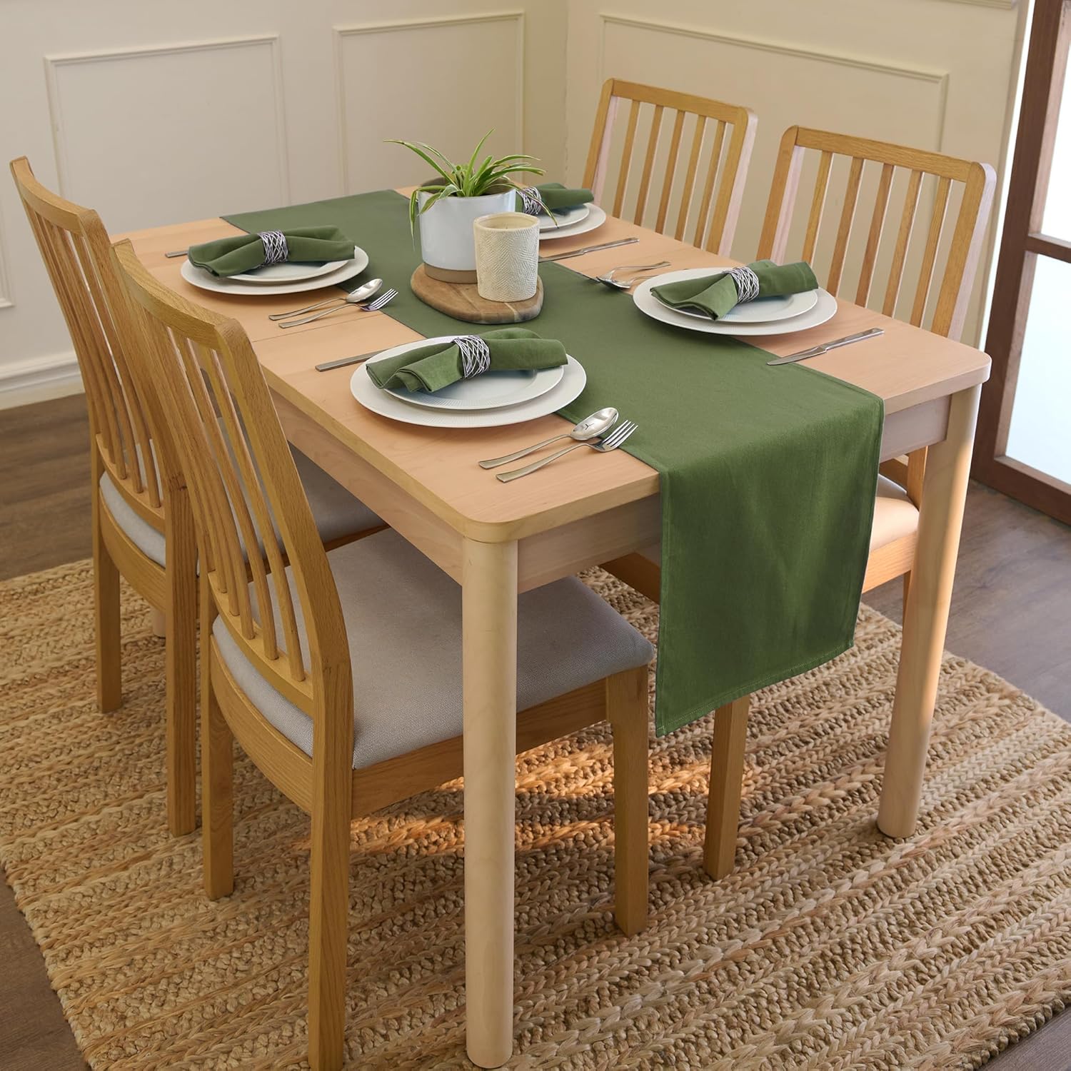 Encasa XO Table Runner 13"x72" Long | Cotton Canvas Fabric | Leaf Green Solid Color | Machine Washable & Durable